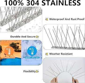 Bird Spikes,4Pcs,Stainless Steel Spikes with Base,Keep Woodpeckers Pigeon Raccoons Away,Anti Climb Spikes for Graden Patio Fence,3.28Ft