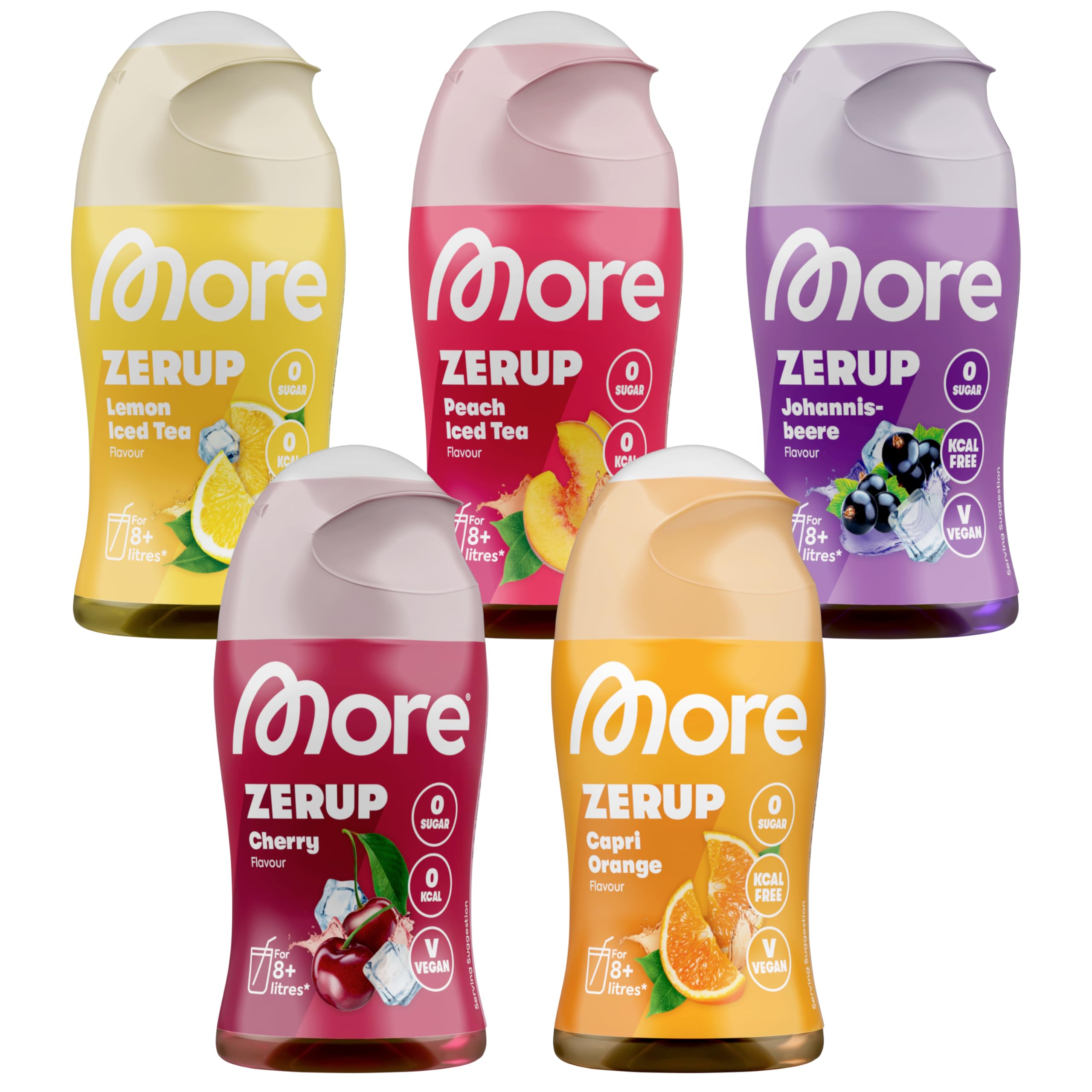 MORE Zerup, mixed 5er Bundle, 5 x 65 ml, für bis zu 40 l Fertiggetränk, zuckerfreier Sirup mit u.a. echten Fruchtextrakten, vegan, zero Kalorien - made in Germany (Sorten können variieren)