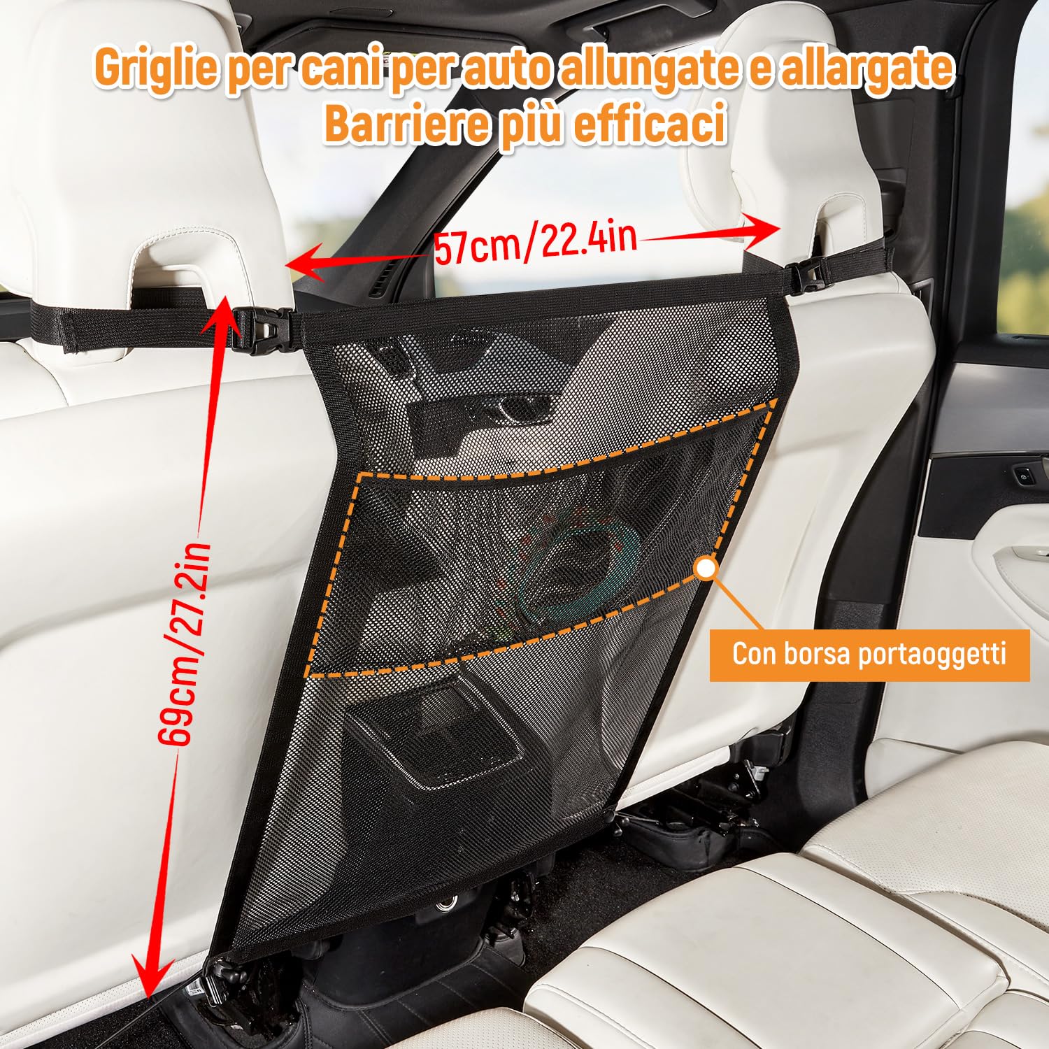 GGW Griglia per Cani per Auto con Tasche portaoggetti per Cani – Rete di separazione per Sedile Anteriore, barriera di Sicurezza Contro Il Cane dal Sedile Posteriore, Universale