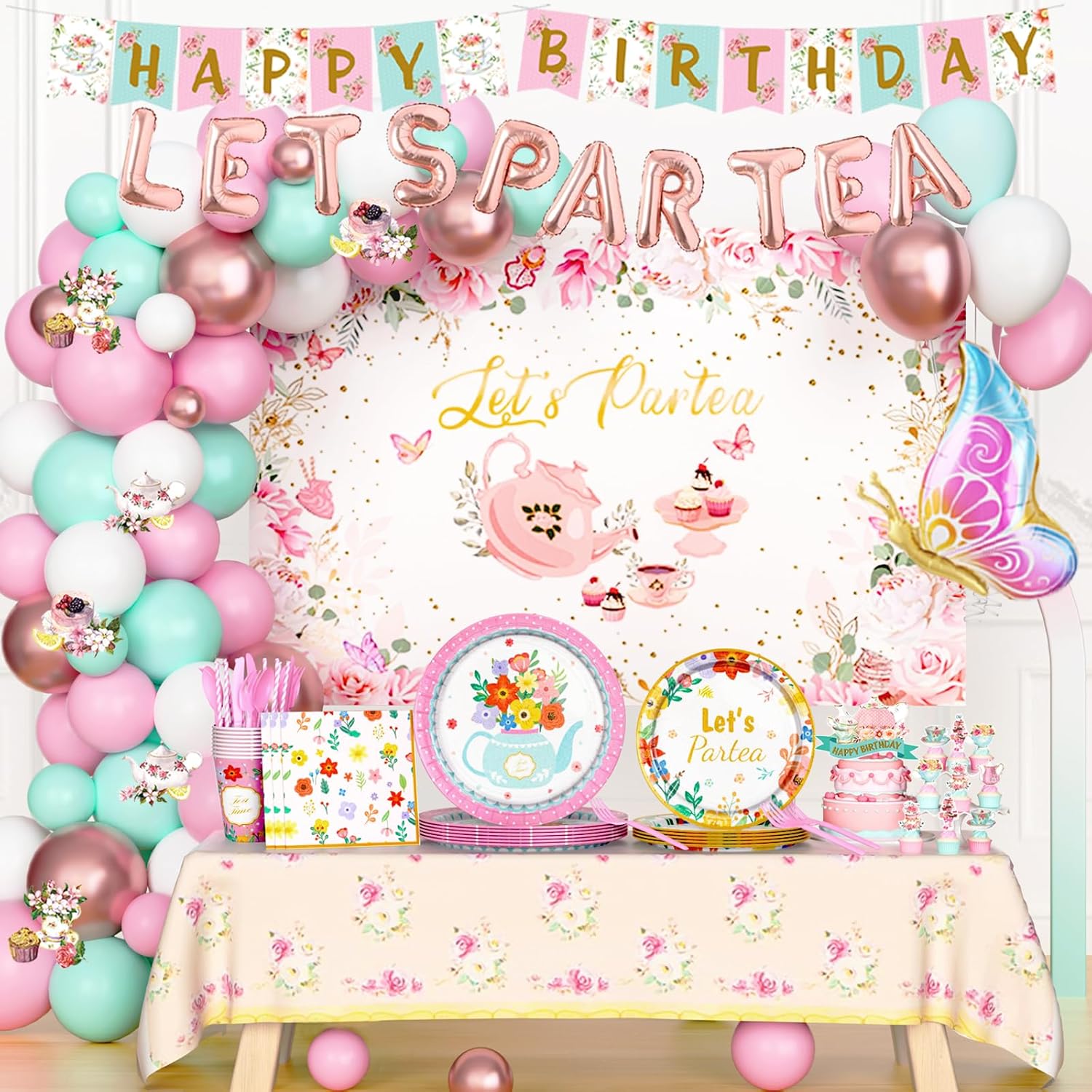 Tea Party Decorations, Lets Par Tea Supplies with Teapot Floral Backdrop Balloon Banner Tablecloth Tableware Plates Napkins Cups Straws Knives Forks Spoons for Birthday Baby Shower Tea Party Supplies