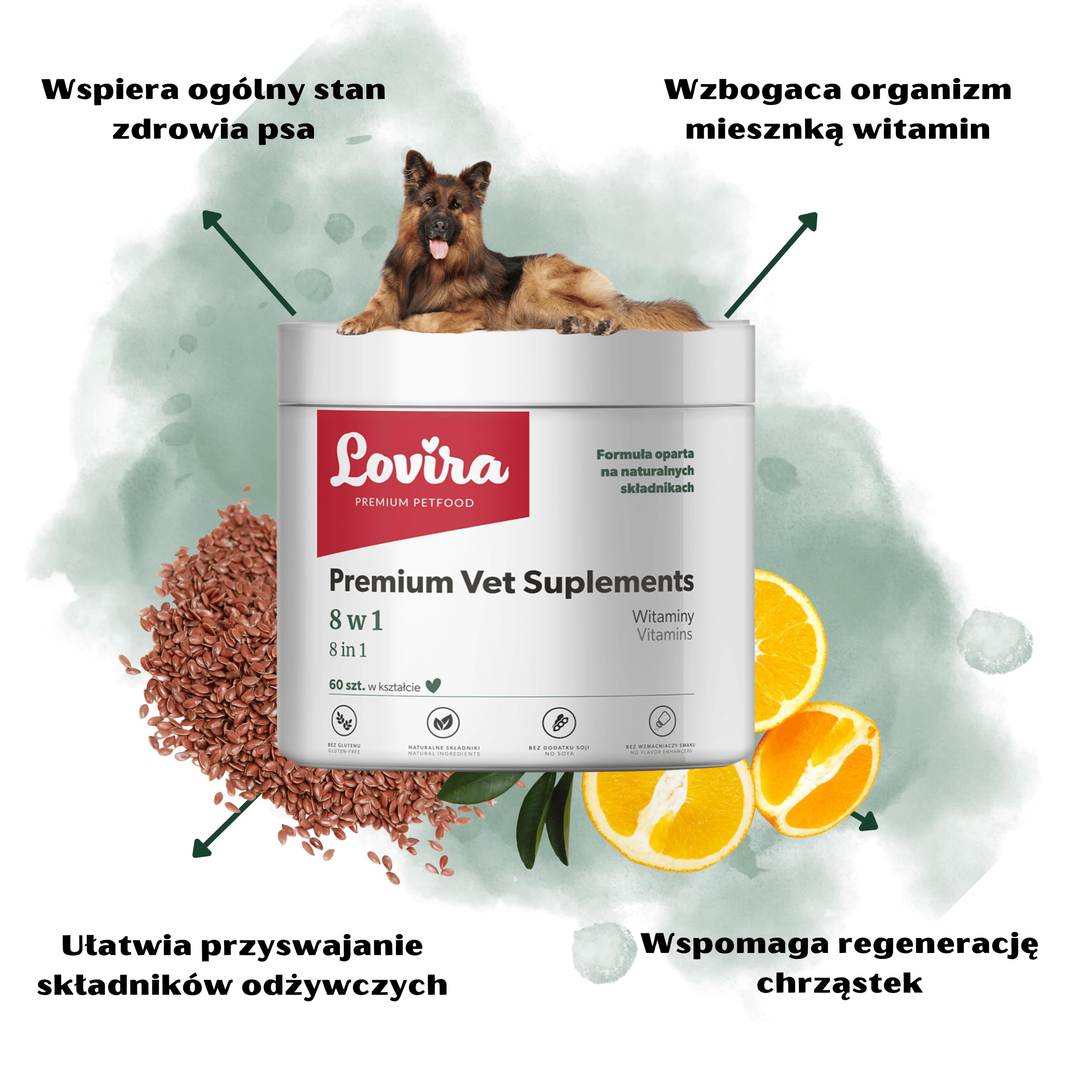 Lovira - Cibo umido per cani - Alimento umido per cani - con 74,6% di carne, senza cereali - agnello - Set con integratore 8 in 1 - con zucca - per cani adulti - in lattina, 6 x 400 g + 60 pezzi