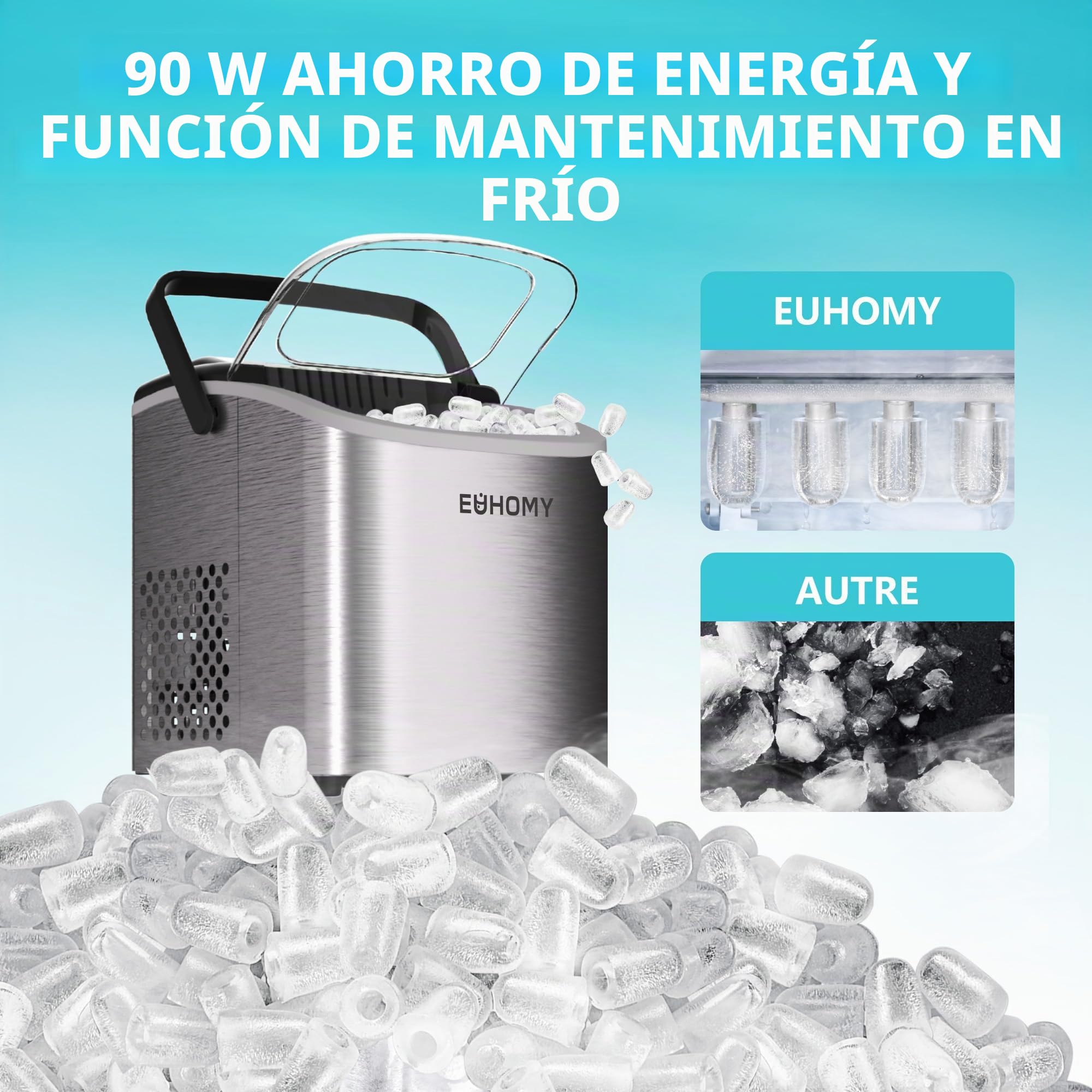 EUHOMY Máquina de cubitos de hielo de acero inoxidable, 24 cubitos de hielo en 13 minutos, 24 kg/24 h, máquina de hielo autolimpiable de 3,2 L con pala de hielo y cesta Gris