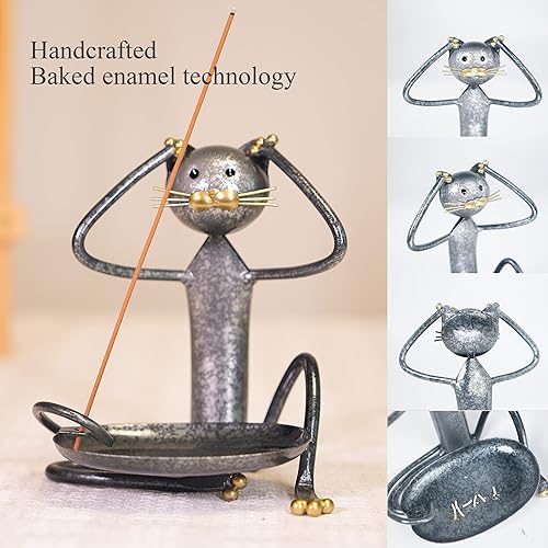 Miniatura 3 de TIMSURE Quemador de incienso de hierro hecho a mano para meditación, yoga, spa, práctico colector de cenizas, decoración del hogar (azul gris)