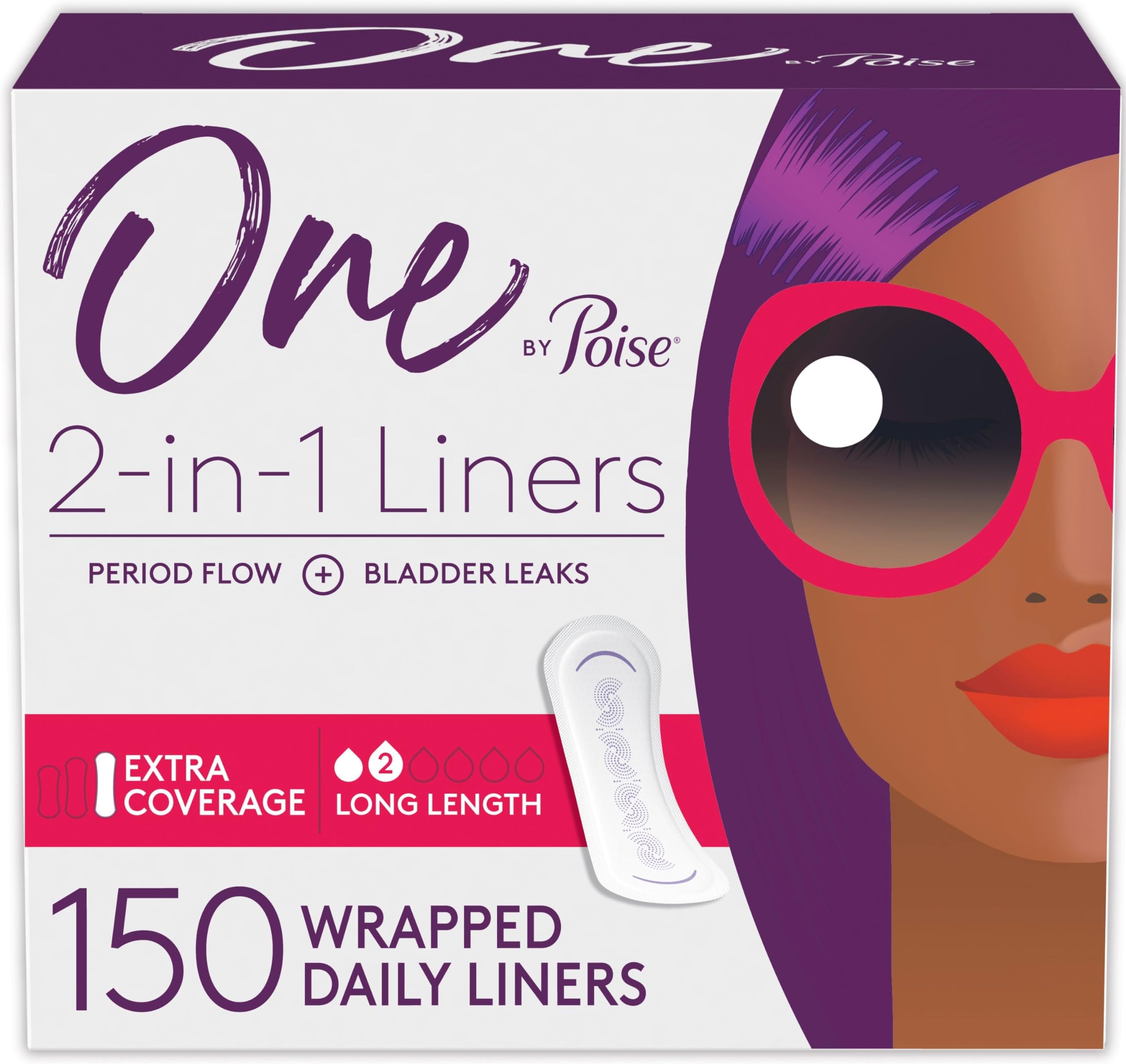 PoiseOne by Panty Liners (2-in-1 Period & Bladder Leakage Daily Liner), Long, Extra Coverage for Period Flow, Very Light Absorbency for Bladder Leaks, 150 Count (3 Pack of 50)