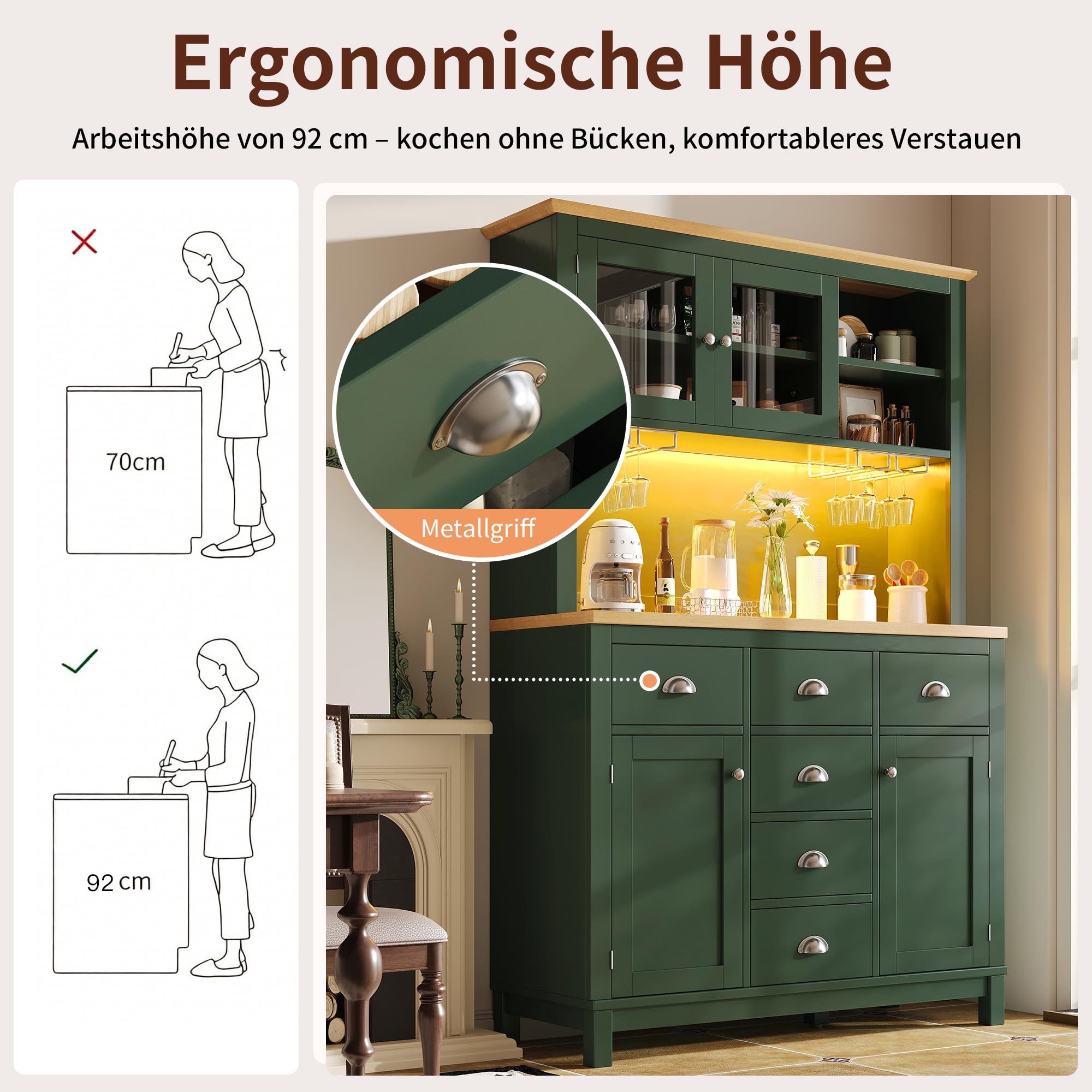 Armario alto para buffet, armario de cocina, aparador, estilo rústico, 4 puertas, con barra de luz LED y soporte para bebidas, para cocina, comedor, 104 × 40 × 180 cm (verde)