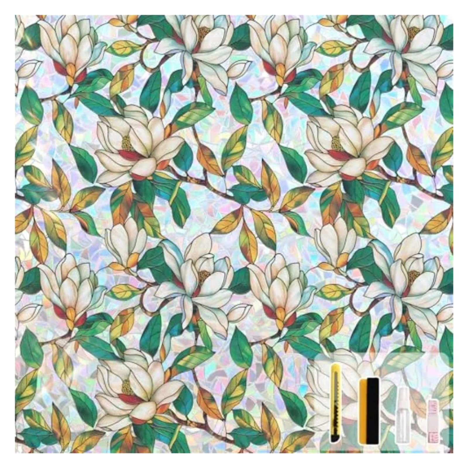 Window Privacy Film, Stained Glass Sticker Floral Clings, Decorative Static UV Blocking Colorful Decals for Glass Windows(WhiteMagnolia)