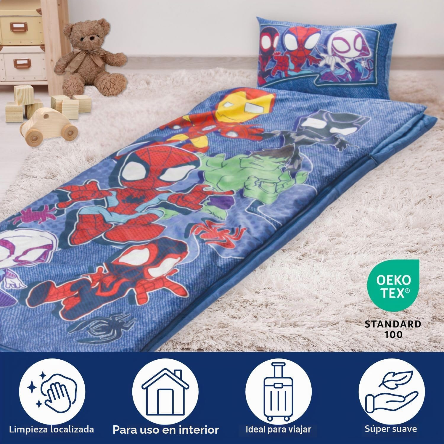 Set de 2 con Almohada y Manta de superhéroes Marvel, Suave Saco de Dormir Infantil con Bolsa y Almohada, para Fiestas de Pijamas, Viajes y acampadas