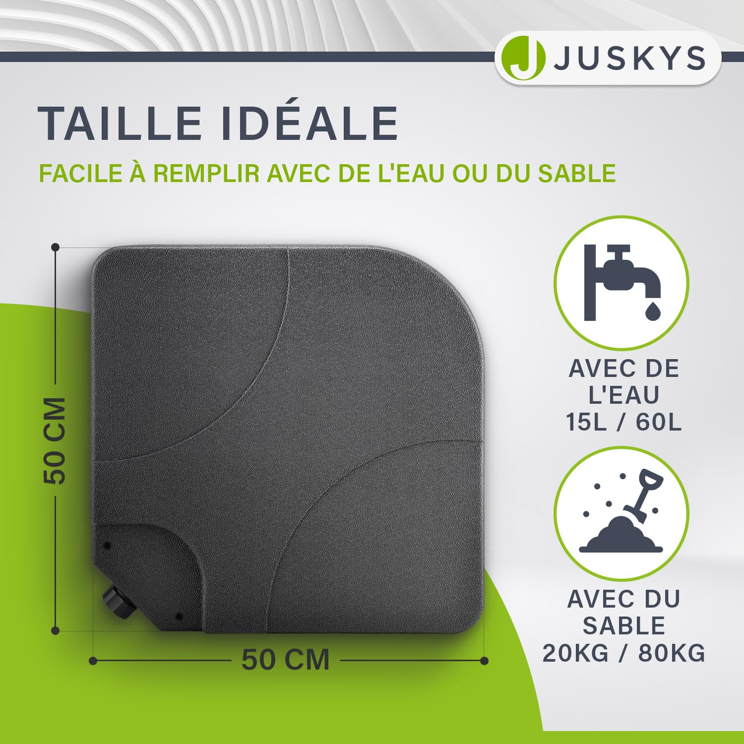 Juskys Poids de lestage pour parasol Quad, ensemble de 4 poids - pouvant être remplis avec 60 litres d'eau ou 80 kg de sable - en plastique HDPE (polyéthylène de haute densité) pied de parasol