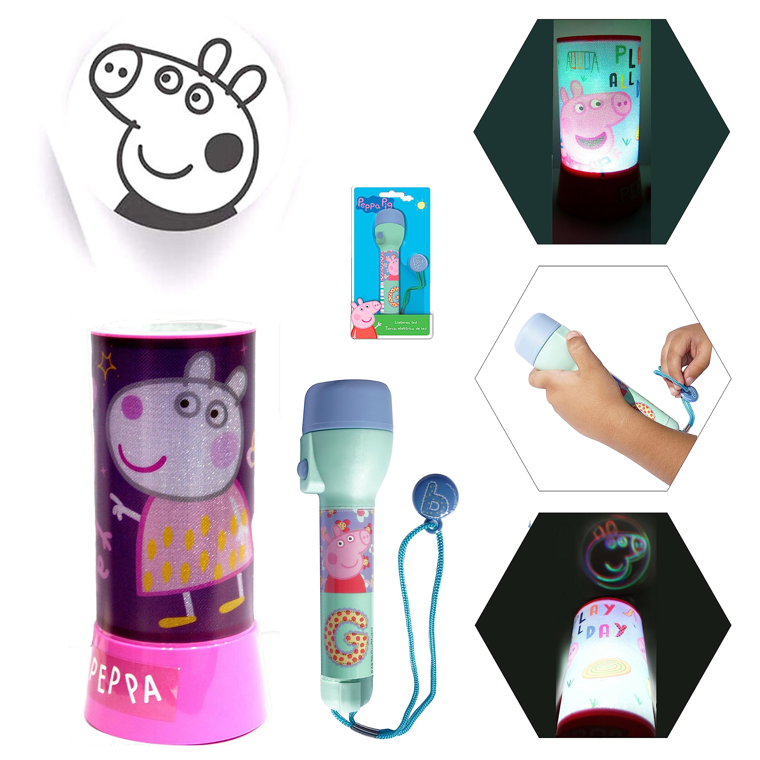 Hovuk Girls Peppa Pig 2Pcs Gift For Night| 20Cm Bedside Table Night Lamp Projector For Kids Room| 16Cm Kids Led Big Torch Flashlight For Camping Home 3+Years