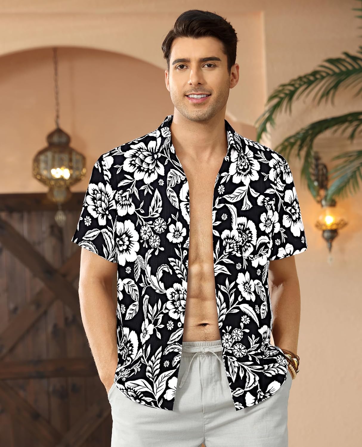 DEMEANOR Hawaiian Shirt for Men Short Sleeve Floral Button Down Shirt Tropical Hawaiian Shirts Casual Linen Shirts Beach - Image 2
