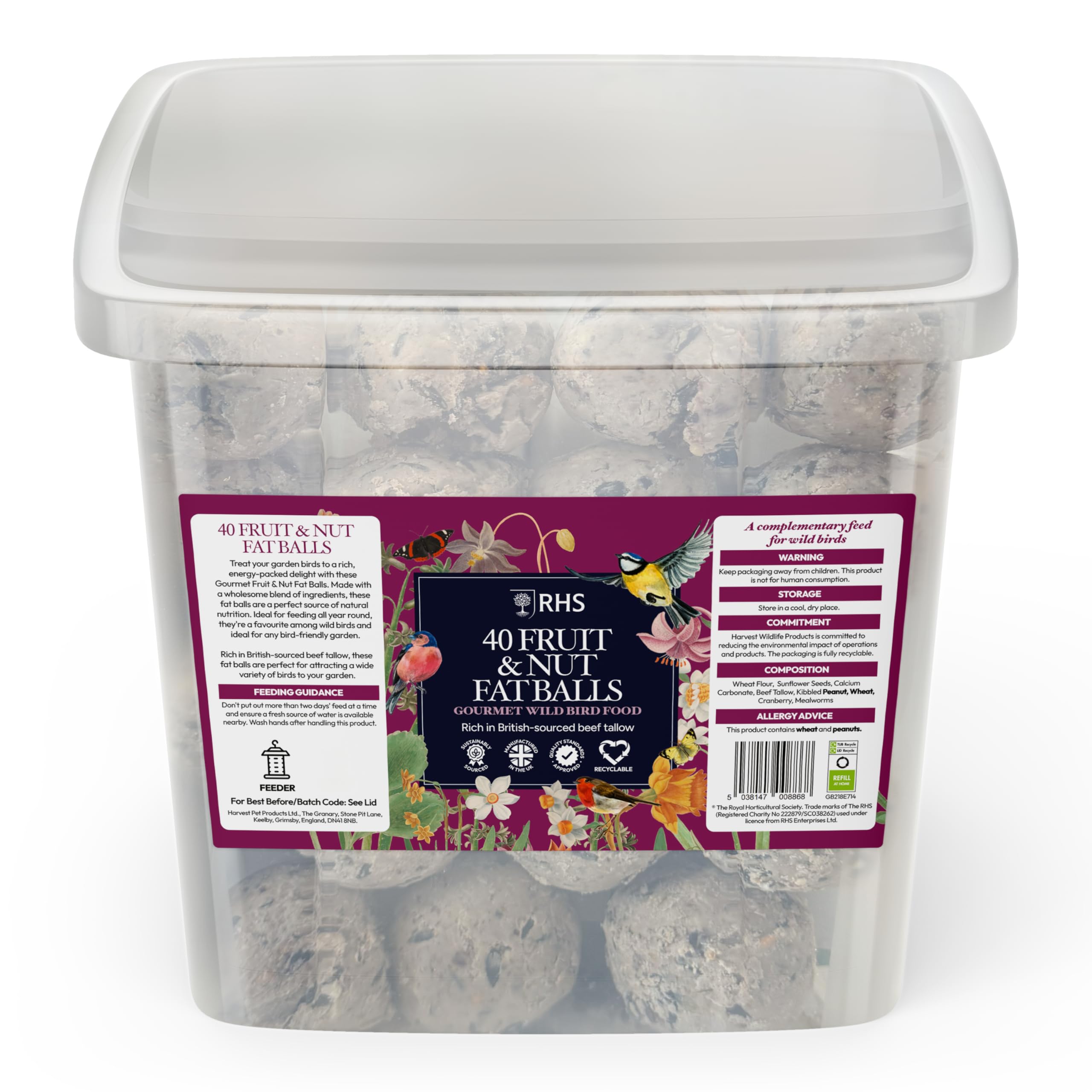 RHS Gourmet Fruit & Nut Fat Balls for Wild Birds, 40 Tub - High-Energy Suet Feed with British-Sourced Beef Tallow - Complementary Bird Food - Sustainably Sourced & Manufactured In The UK
