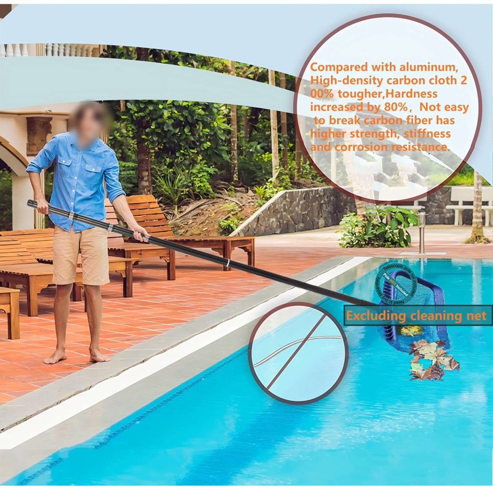Bâton de piscine en fibre de carbone, télescopique à 4 sections de 4,5 m, léger et facile à prendre en main, bâton de nettoyage réglable, utilisé pour le nettoyage de la piscine, connecté à un