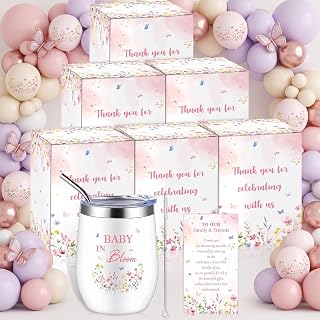 Hoolerry 6 Set Baby Shower Cups, 12oz Stainless Steel Tumbler, Wildflowers | with Lids and Straws, Gift Boxes and Cards, Baby Shower Prizes, Return Gifts for Guests, Baby Birthday Party Favors