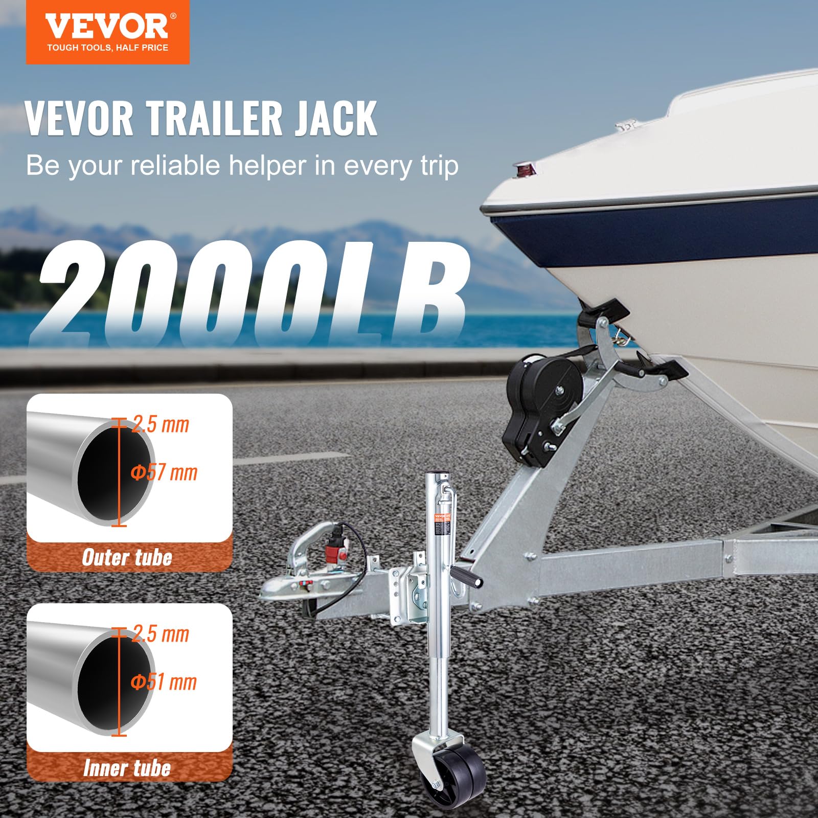 VEVOR Cric De Remorque 907 Kg - Roue Jockey Avec Roues PP Et Poignée Pour Remorque Bateau, Camping-Car Et Utilitaire