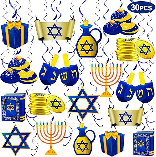 TURNMEON 30 piezas de decoraciones de Hanukkah colgantes – Menorah Star of David Dreidel 9 estilos Hanukkah suministros para fiesta de Janucá,