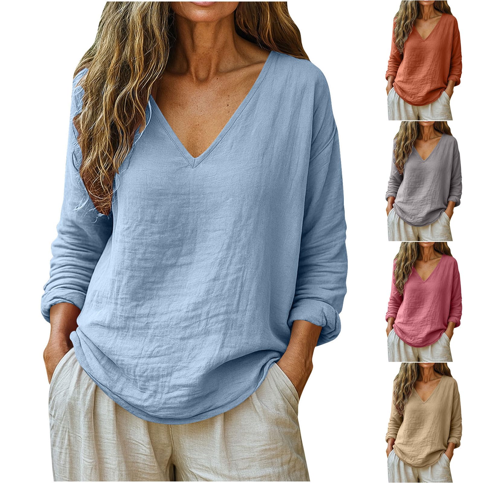 EMATOP Musselin Bluse Damen Sommer Leicht Leinenbluse Elegant V-Ausschnitt Tshirt Lässig Baumwolle Leinen Langarmshirt Bequem Einfarbig Oberteile Casual Lose Tunika Tops Oversized Longshirt