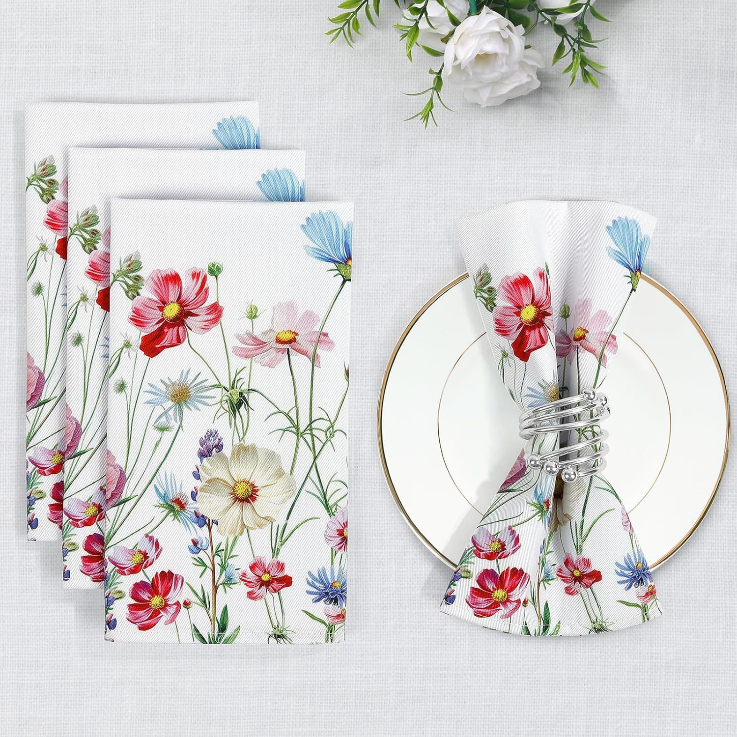 Wildflowers Floral Butterfly Print Cloth Napkins 100% Cotton, 18" X 18" Dinner Napkins Cloth Set, Washable Napkins for Home, Kitchen, Dinner, Party, Wedding, Cocktail, Set of 6