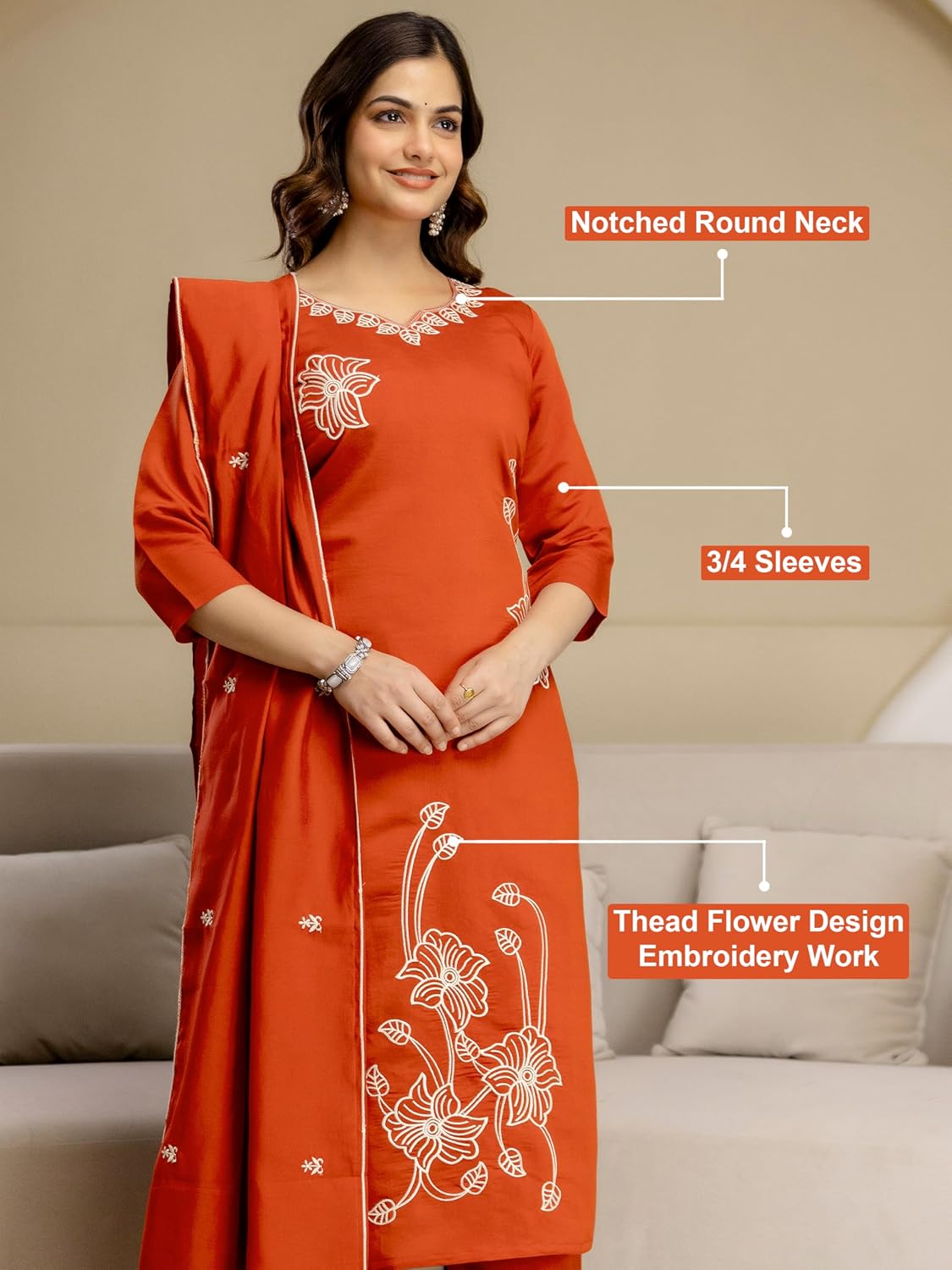 TRENDMALLS Women’s Chanderi Cotton Embroidery Sequence Work Summer Kurta Pant with Dupatta Set