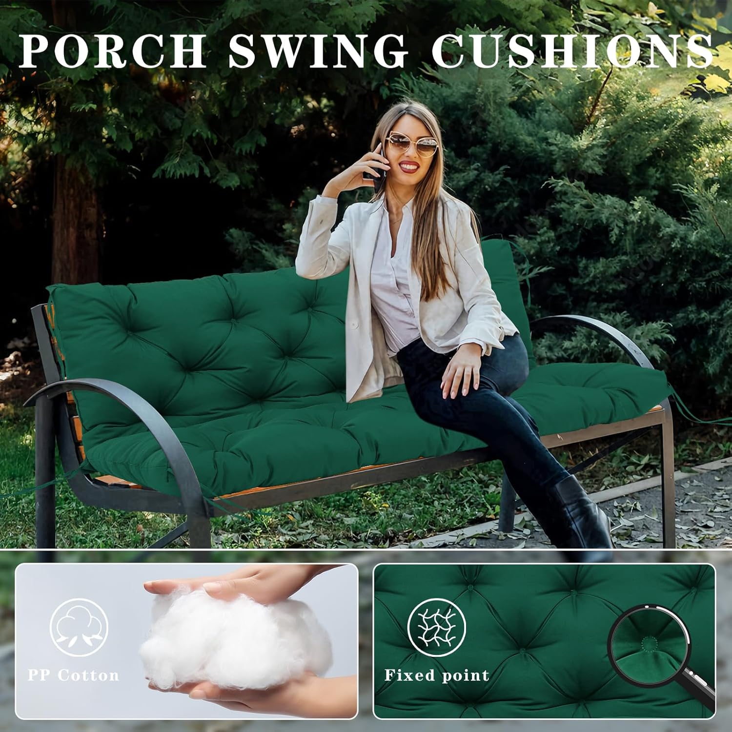 Outdoor Swing Cushions 2-3 Seat Replacement Waterproof Porch Swing Cushions 48 inch with Backrest and Ties Thicken 5 inch Bench Cushion for Patio Furniture Bench Cushions (Dark green 48x40x55inch)