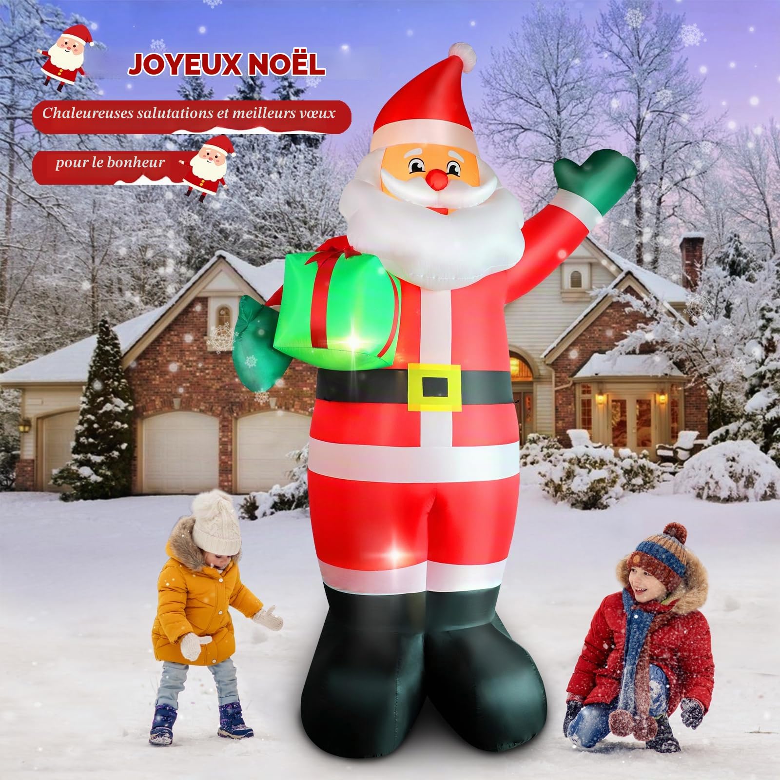 Omdekor Bonhomme de Neige Gonflable 300 cm avec Gants Verts, décoration Gonflable de Noël avec LED, IP44, Deco Noel Gonflable pour Jardin Avant, avec Sacs de Sable