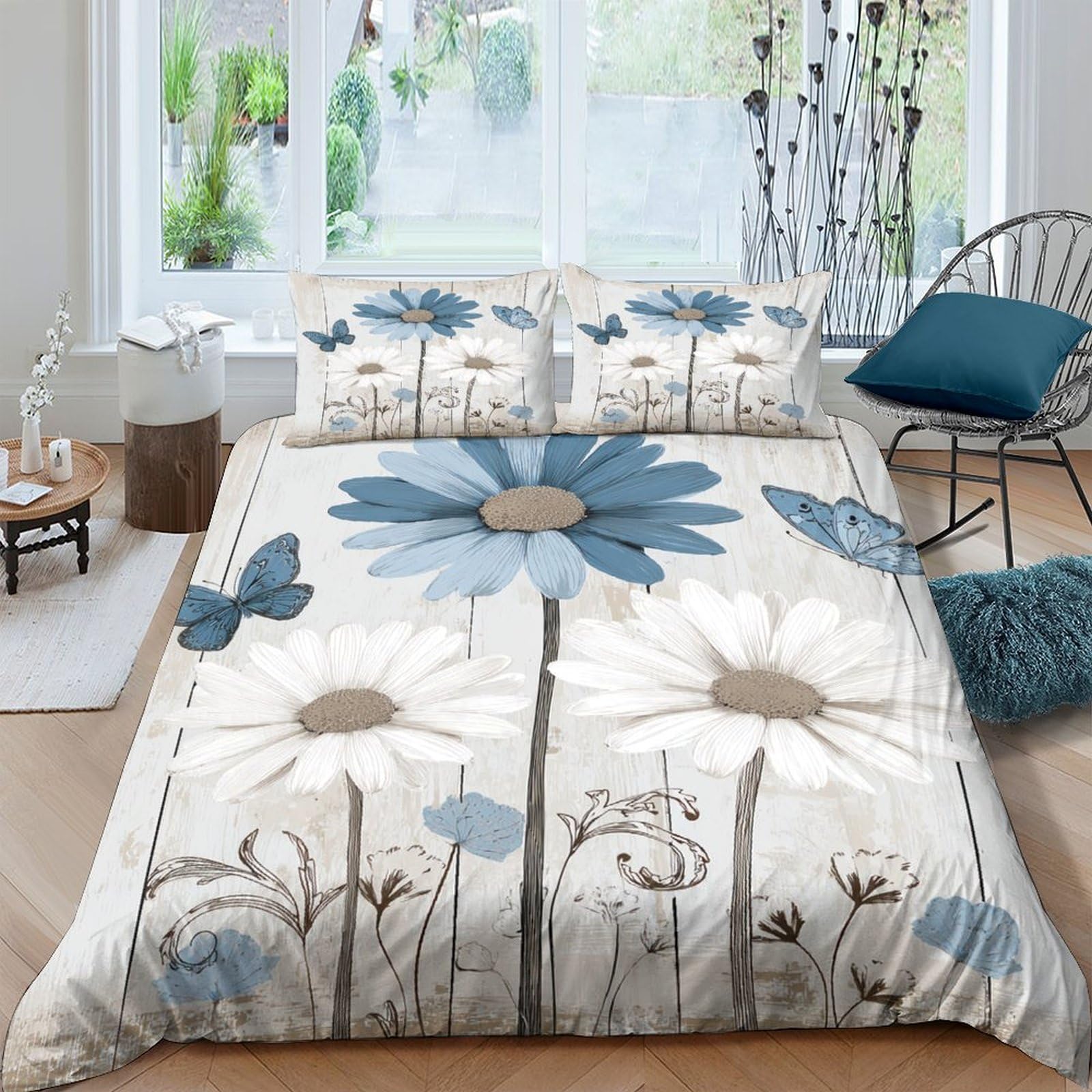 Ctjqhvkz Style-10 3D Printed Blue Daisy Fitted Sheet Microfiber Soft Non-Slip Butterfly Bed Cover For Bedroom Guest Room Mattress Protection Single（135X200cm）