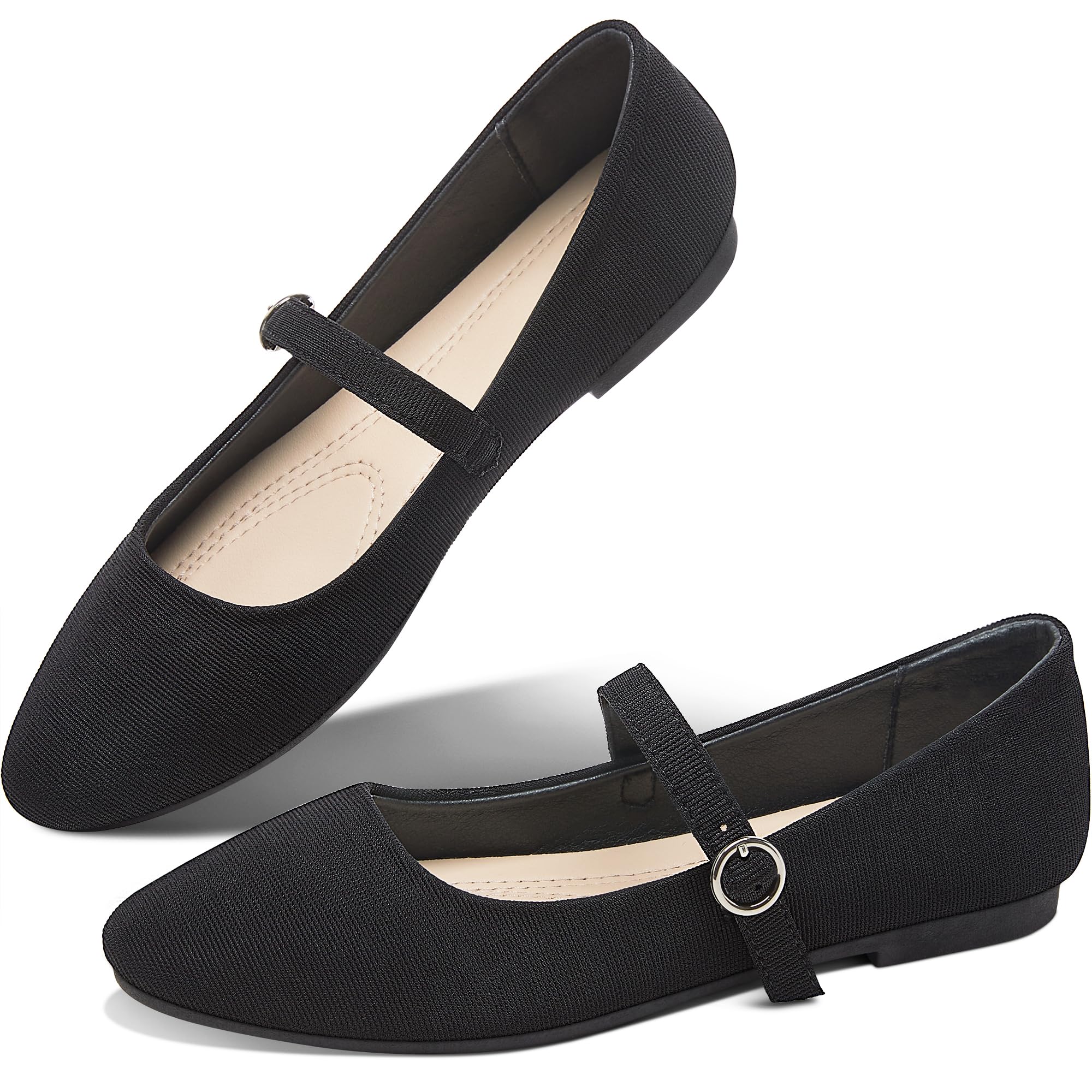 Obtaom Mary Jane Flat Shoes Round Toe Ballet Flats for Women Dressy Fabric Business Flats Comfortable Classic Strap Flats for Office