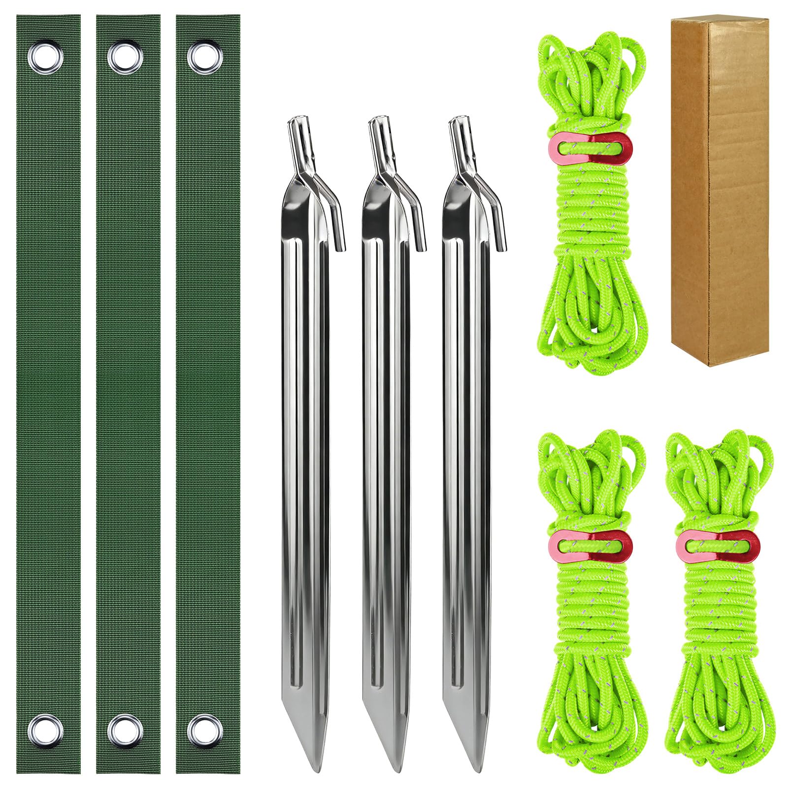 9-Piece Set Tents Metal Heavy Duty Metal Tent Pegs, Unbreakable & Inflexible Ground Pegs with Tree Ties & Reflective Tent Guy Ropes, Ground Stakes for Outdoor Camping Trip Hiking Gardening Courtyard
