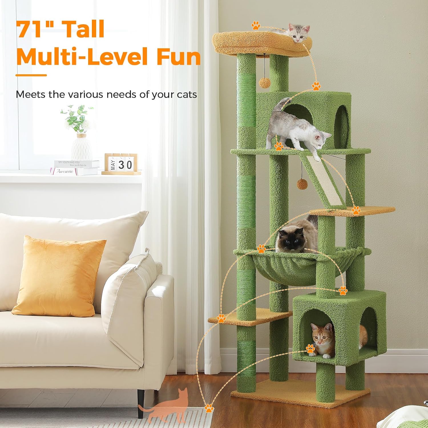 71 Inch Tall Cactus Cat Tree for Indoor Cats Large Adult, Multi-Level Cat Tower with Extra Large Hammock, 2 Cat Caves, Spacious Top Perch, Scratching Pad, Green