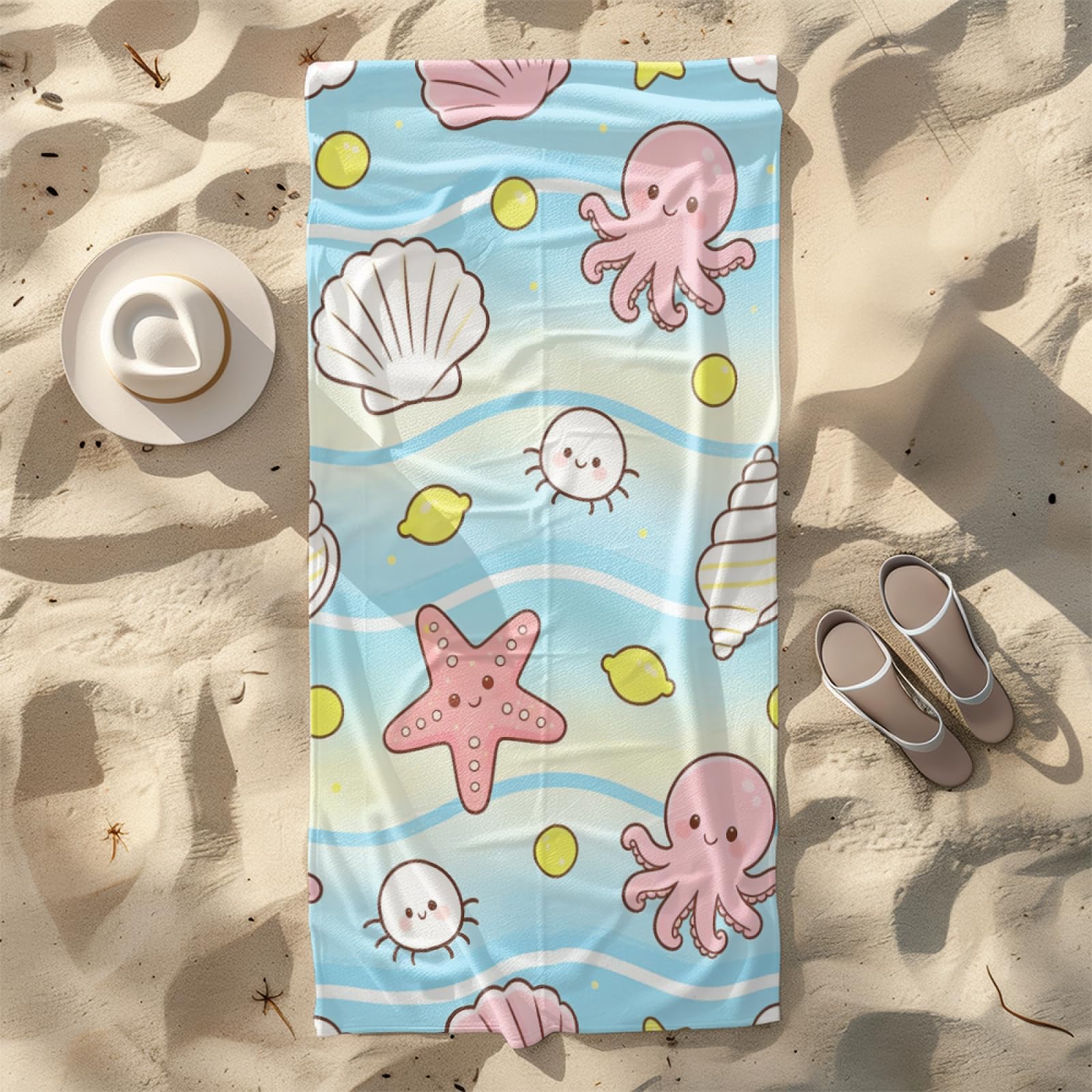 Microfibre Beach Towel 180x90cm Squid Starfish Shells Extra Large Beach Towels Sandproof Quick Dry Foldable Storage for Travel Beach Pool Camping Bathing