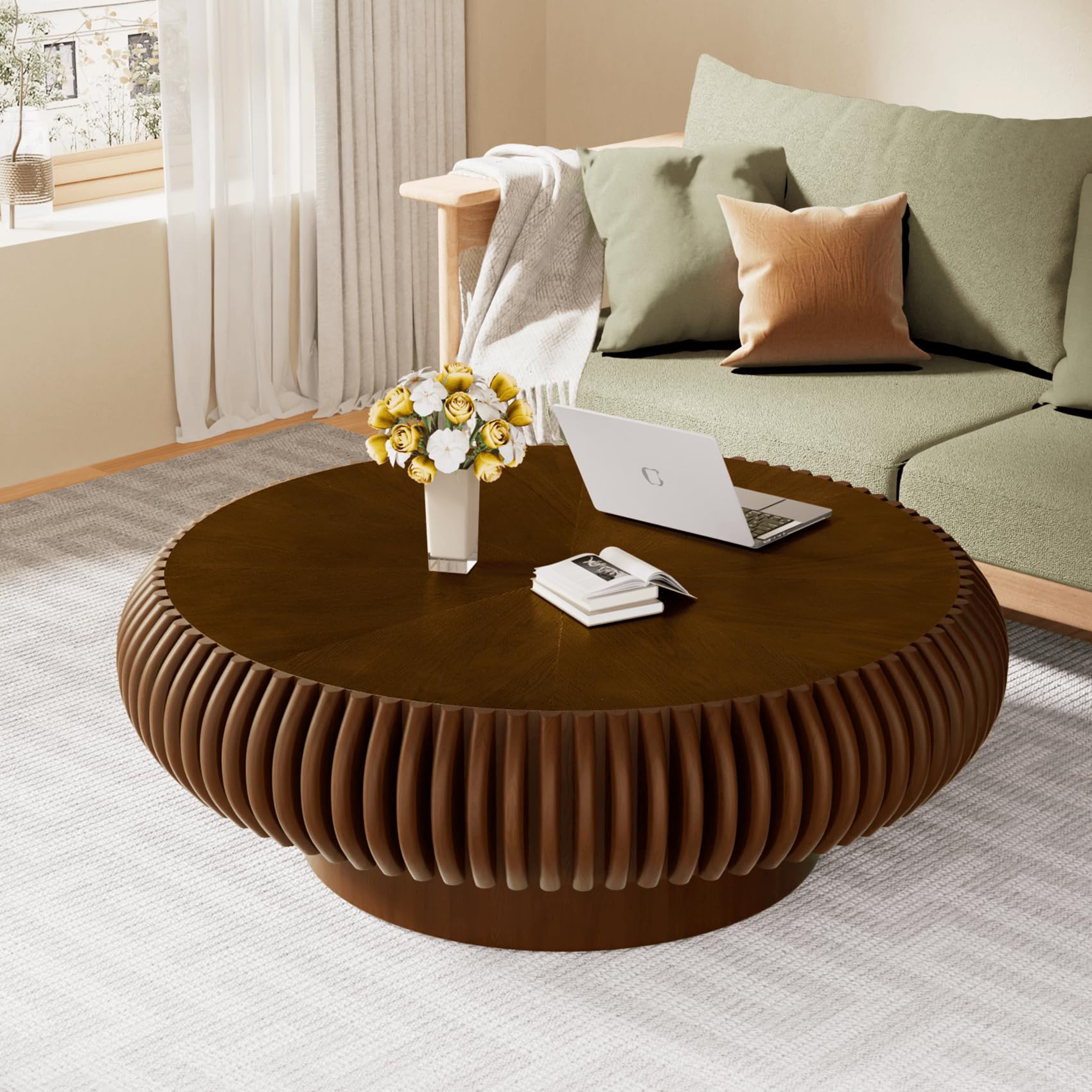 Zuowenyg B Modern Round Fluted Drum Shape Coffee Table
