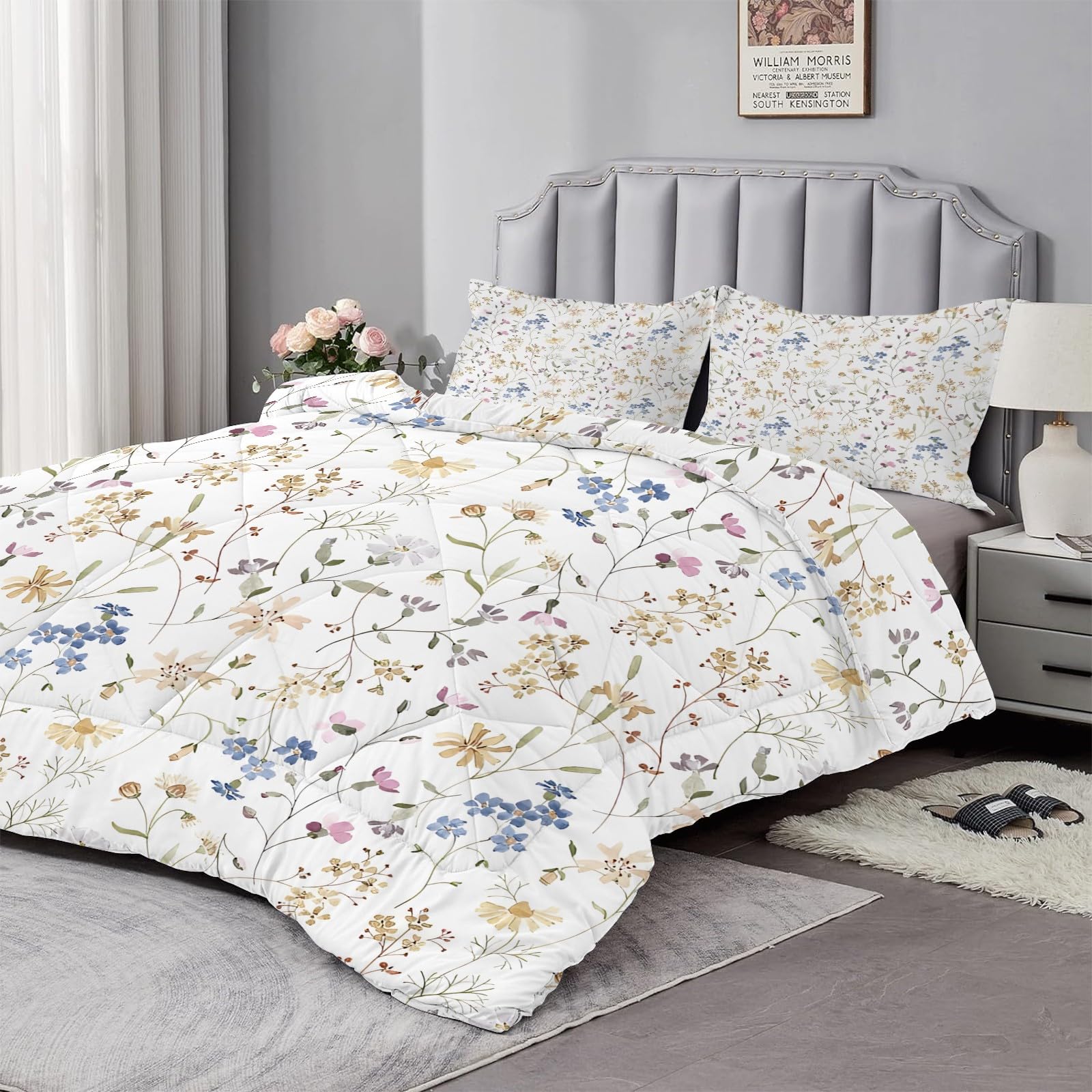 Couette Imprimée Floral D'Été 4 Saisons Blanc Sans Housse Couette 2 Personnes en Microfibre Réversible Ultra Douce Lavable en Machine