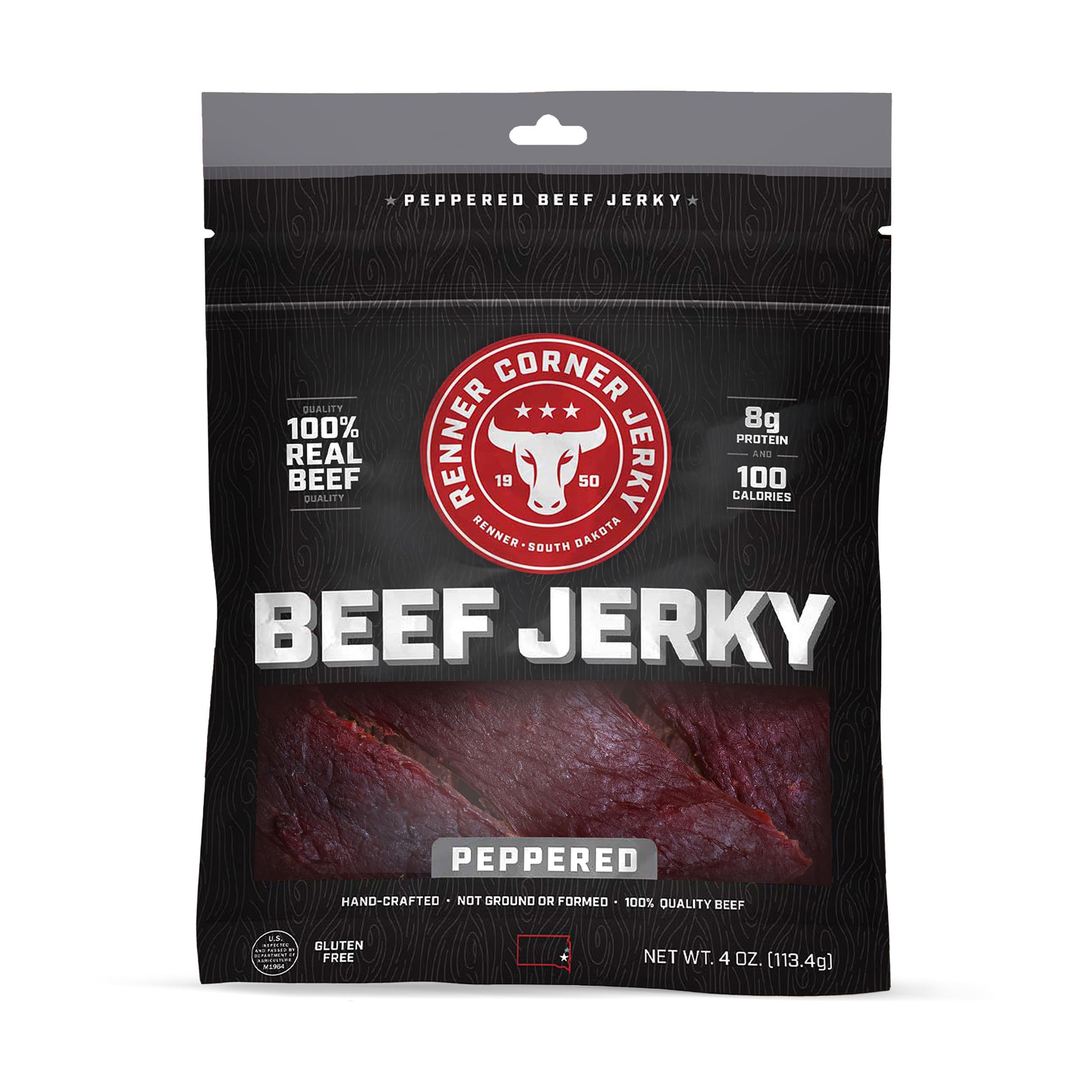 Renner Corner Jerky's Peppered Beef Jerky (4oz) - 100% Natural, Handcrafted Premium Beef, Made in South Dakota, No Additives or Chemicals, Cured in Smokehouse, Never Processed