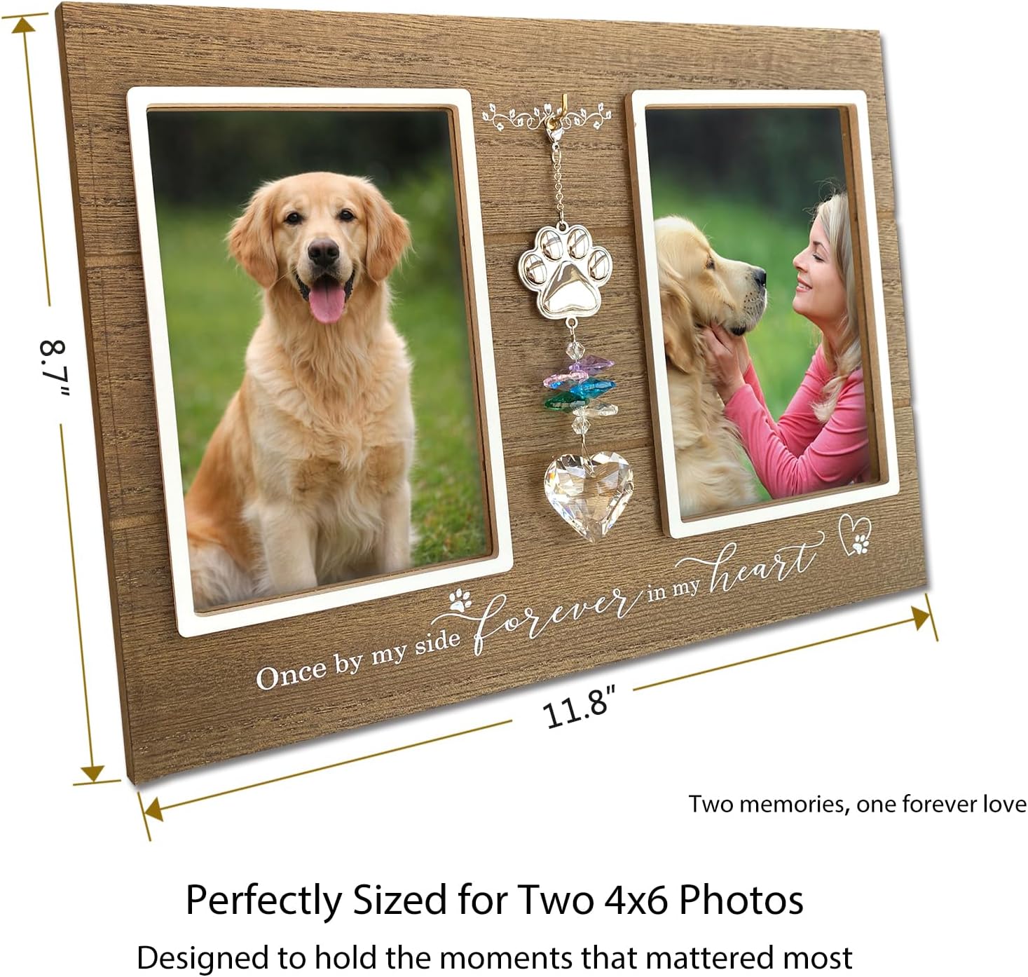 A’arkaJ Dog Memorial Gift, Pet Memorial Picture Frame with K9 Crystal Heart Charm, Double 4×6 Photo Frame for Dog or Cat Loss, Pet Loss Sympathy Gift