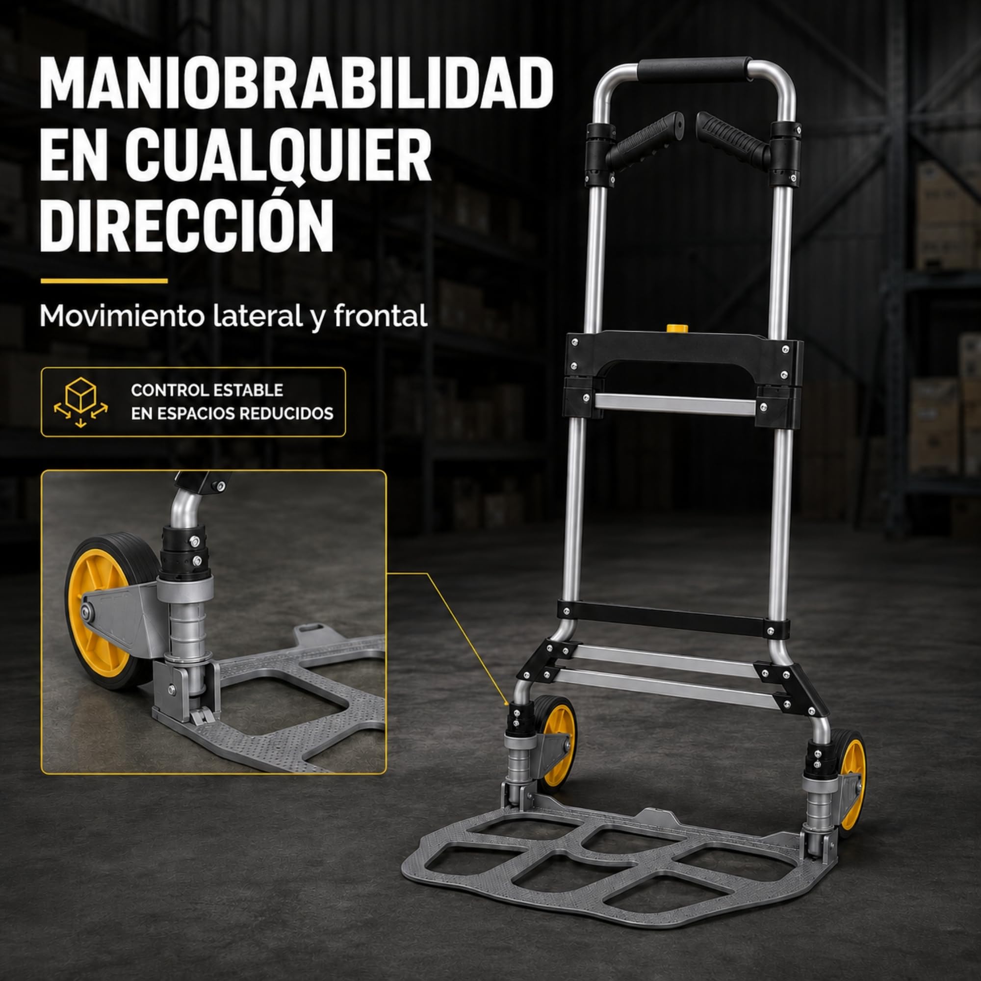 UZIRO Carretilla Plegable con Ruedas de Aluminio, con Mango Telescópico y Soporte Extra, Capacidad de 150 Kg, Plataforma Abatible y 2 Ruedas, Carretilla de Mano Plegable, Carro Transporte Plegable