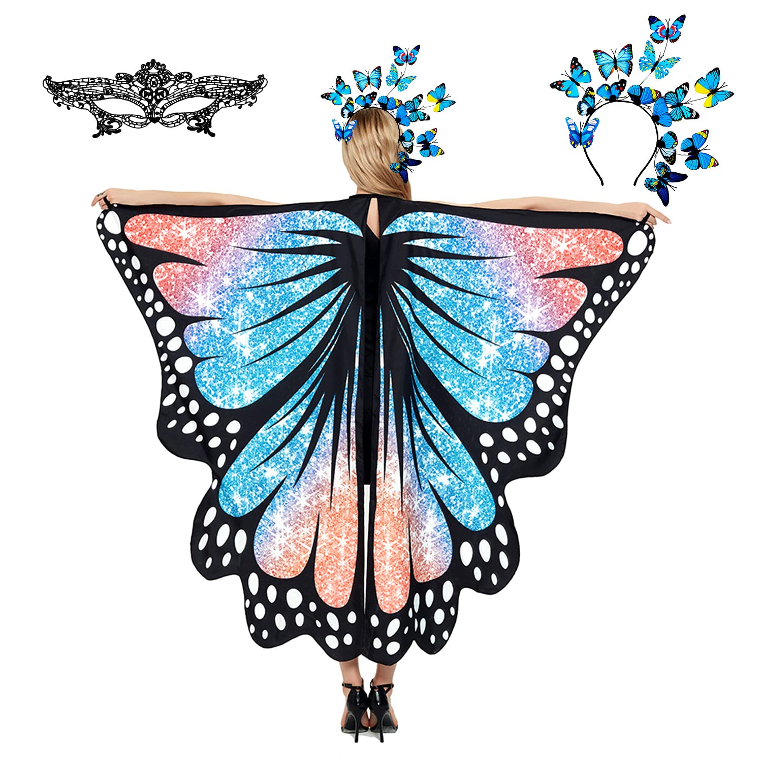 plainshe Butterfly Wings, Adult Butterfly Wings Costume, Butterfly Cape, Halloween Butterfly Wings for Women, 3PCS Fairy Shawl Set.