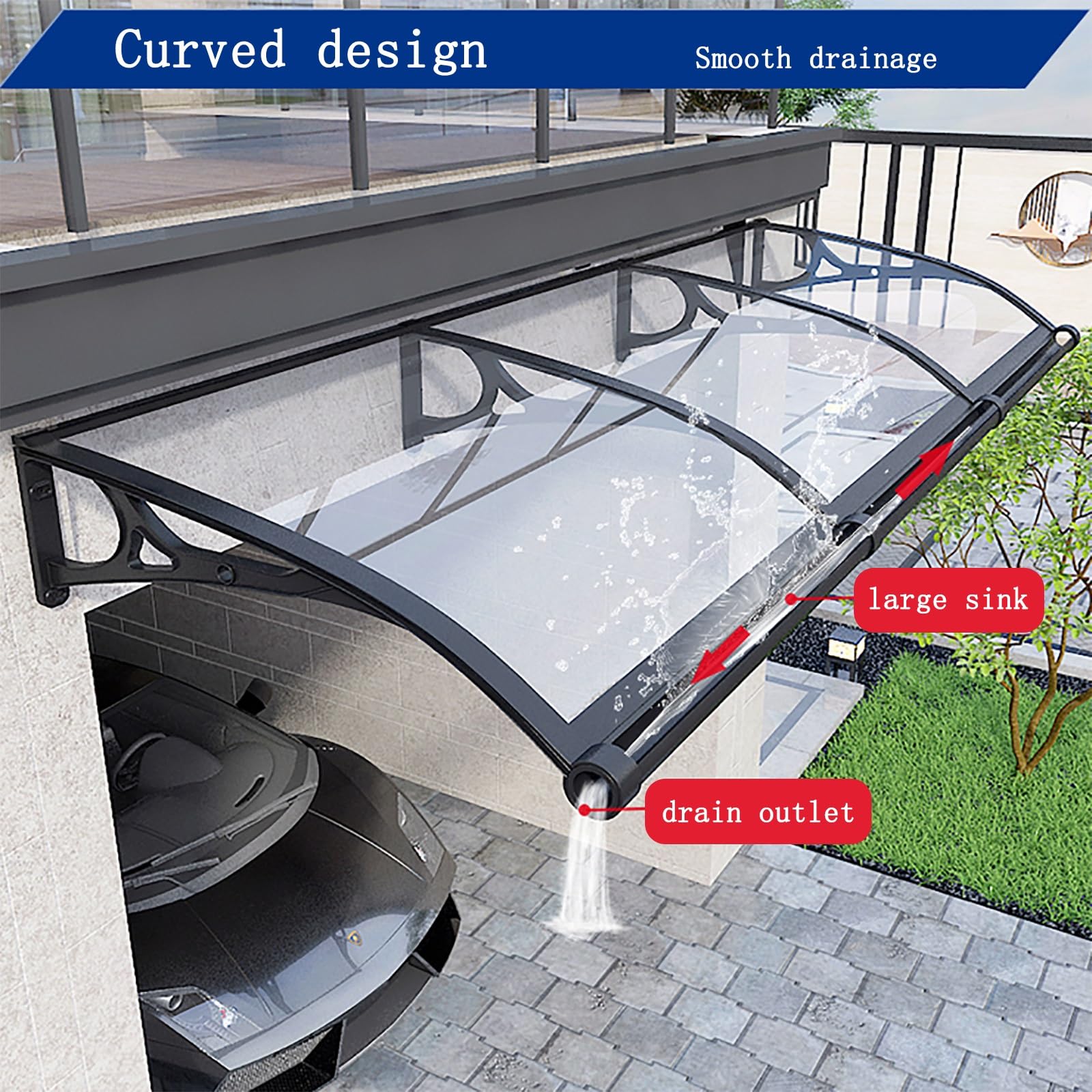Zewnętrzna markiza drzwiowa, poliwęglan Überdachung Haustür, wspornik ze stopu aluminium, do ganku wejściowego na balkon (60x240 cm/23,6x94,4 cala)