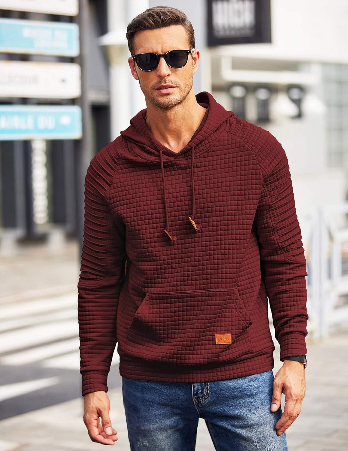 COOFANDY Mens Hoodies Pullover Casaul Long Sleeve Drawstring Waffle Knit Hooded Sweatshirt with Kanga Pocket - Image 2