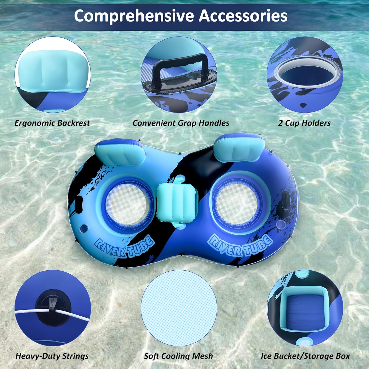 Heavy Duty Double River Tube, 2-Person Inflatable Floating Tube with Backrest, 2 Cup Holders, Handles, Oversized Inflatable Pool Float for familiy, Lake Floats for Adults,Blue