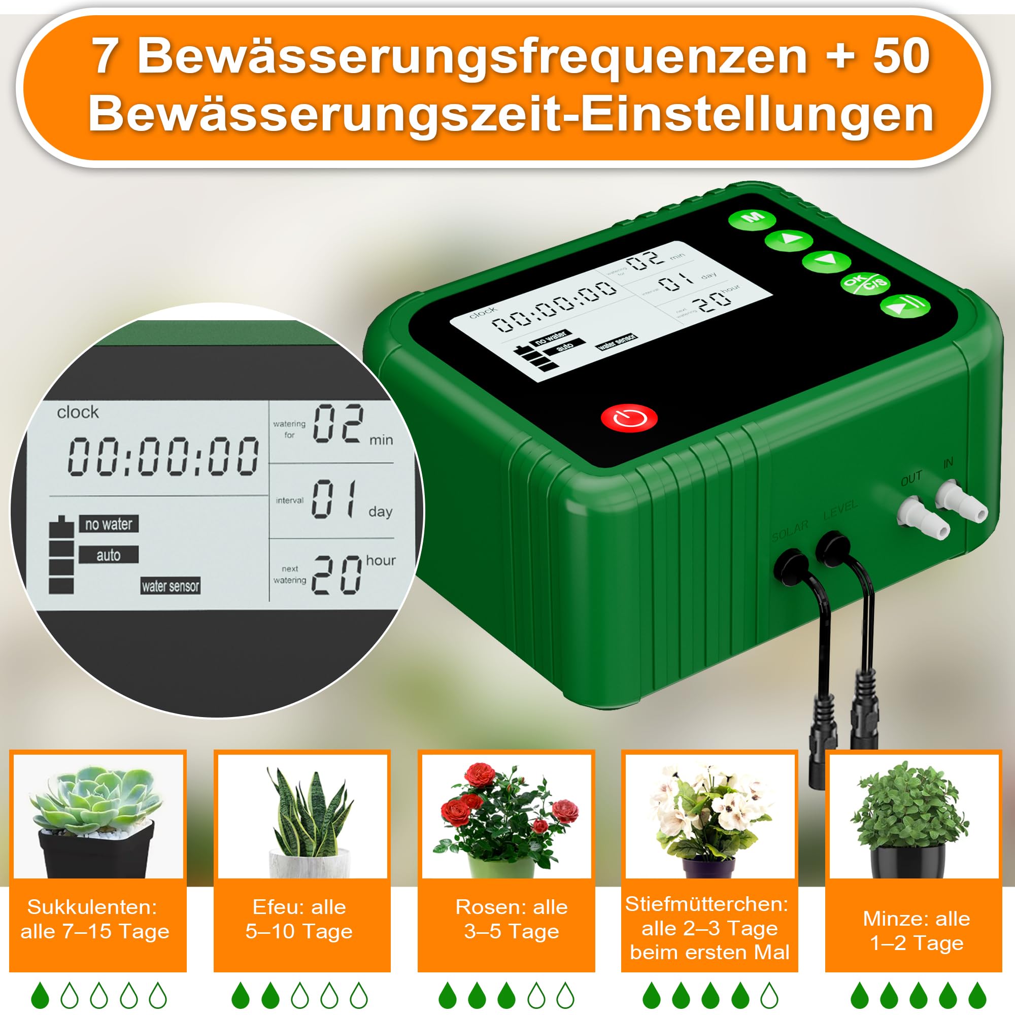 AMATHINGS Sistema di irrigazione solare BSV-IC018 completo sistema di irrigazione a goccia, sistema di irrigazione automatico da giardino, metro da 15 m, tubo per giardino, balcone, piante in vaso