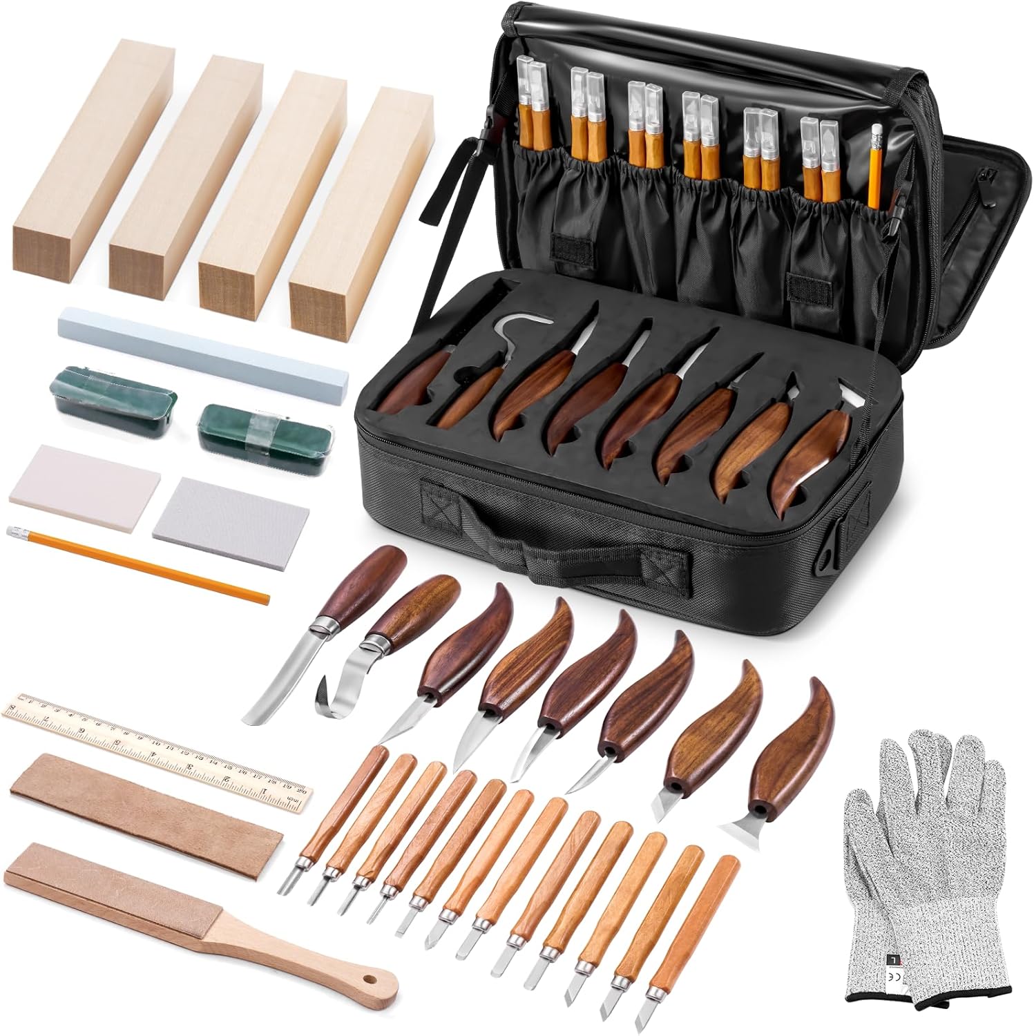 Wood Carving Kit Deluxe, 35-in-1 Whittling Kit for Beginners, With 8PCS Whittling Knives & 12PCS Detail Wood Carving Knives, Black Walnut Wood Handle, Wood Carving Kit for Beginners and Enthusiasts