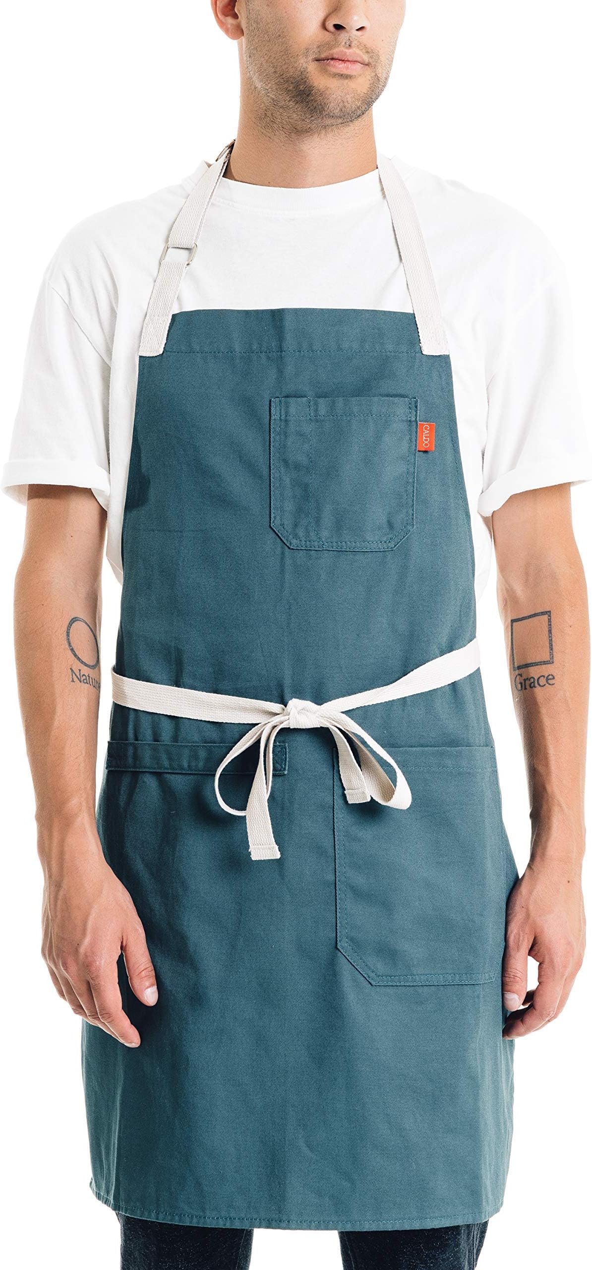 CaldoCotton Kitchen Apron Mens Womens Professional Chef Bib Apron - Adjustable Straps Pockets Towel Loop (Spruce)