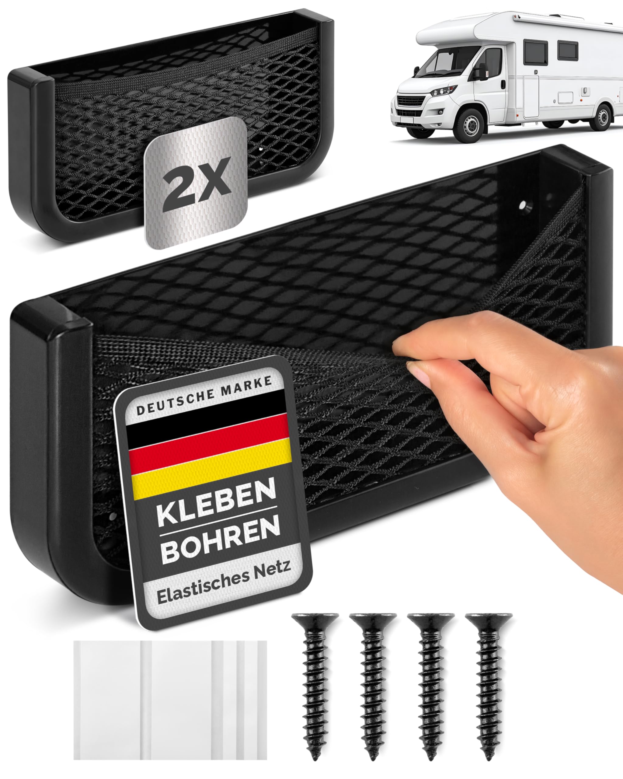 Vicera Ablagenetz für Camper und Wohnmobile 2er Set - Aufbewahrungsnetz aus robustem Kunststoff und elastischem Netz - Montagematerial inlusive