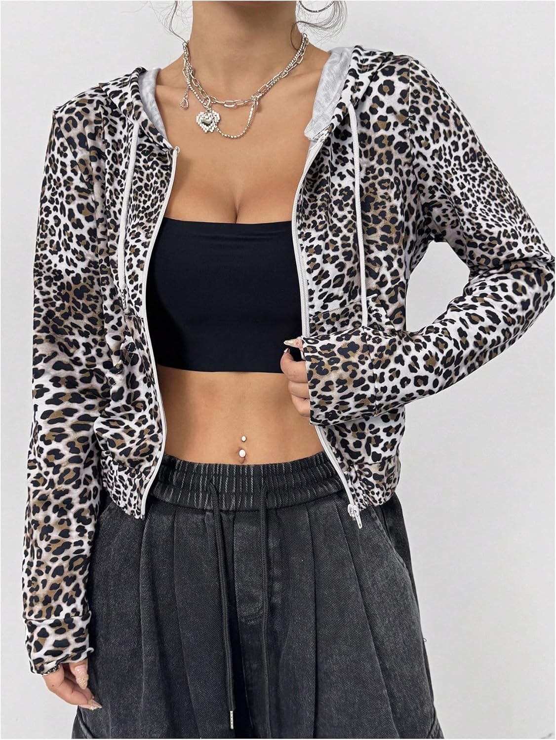 Floerns Women's Leopard Print Long Sleeve Cropped Hoodie Zip Up Sweatshirts Jacket - Image 5