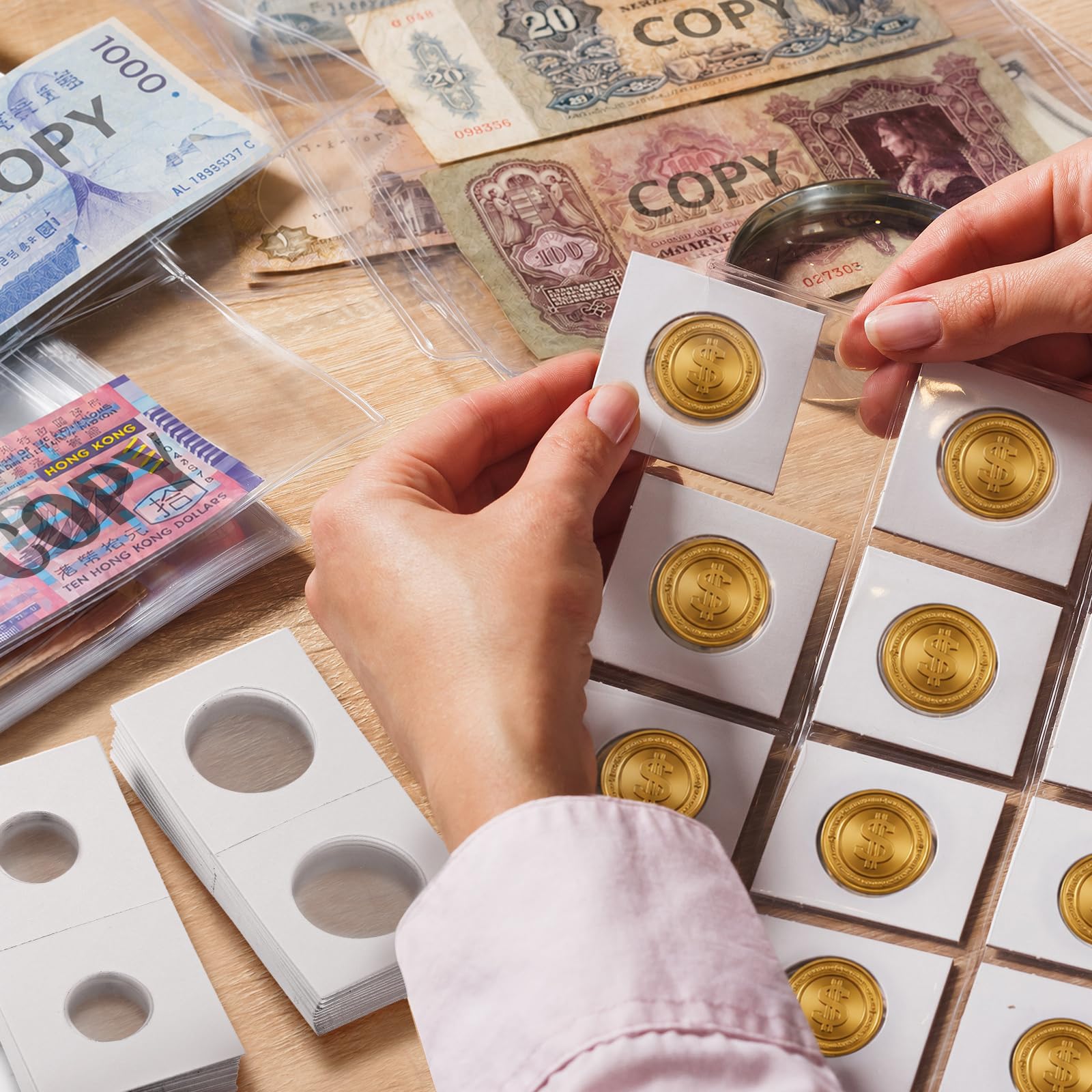 Outus 300 soportes autoadhesivos para monedas de cartón, 6 tamaños, 2 x 2 pulgadas, suministros de colección de monedas, accesorios de cartón para colección de monedas