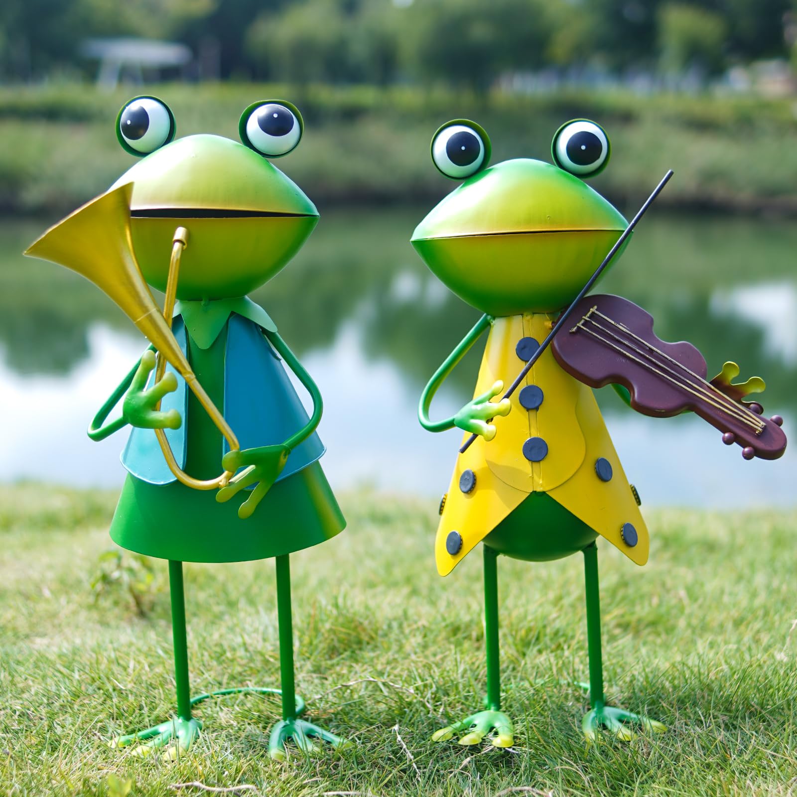 HONGLAND 3D Metall-Frosch Gartendekoration – Handgefertigt, 45,7 Cm Hoch, Mit Libelle, Für Rasen & Terrasse