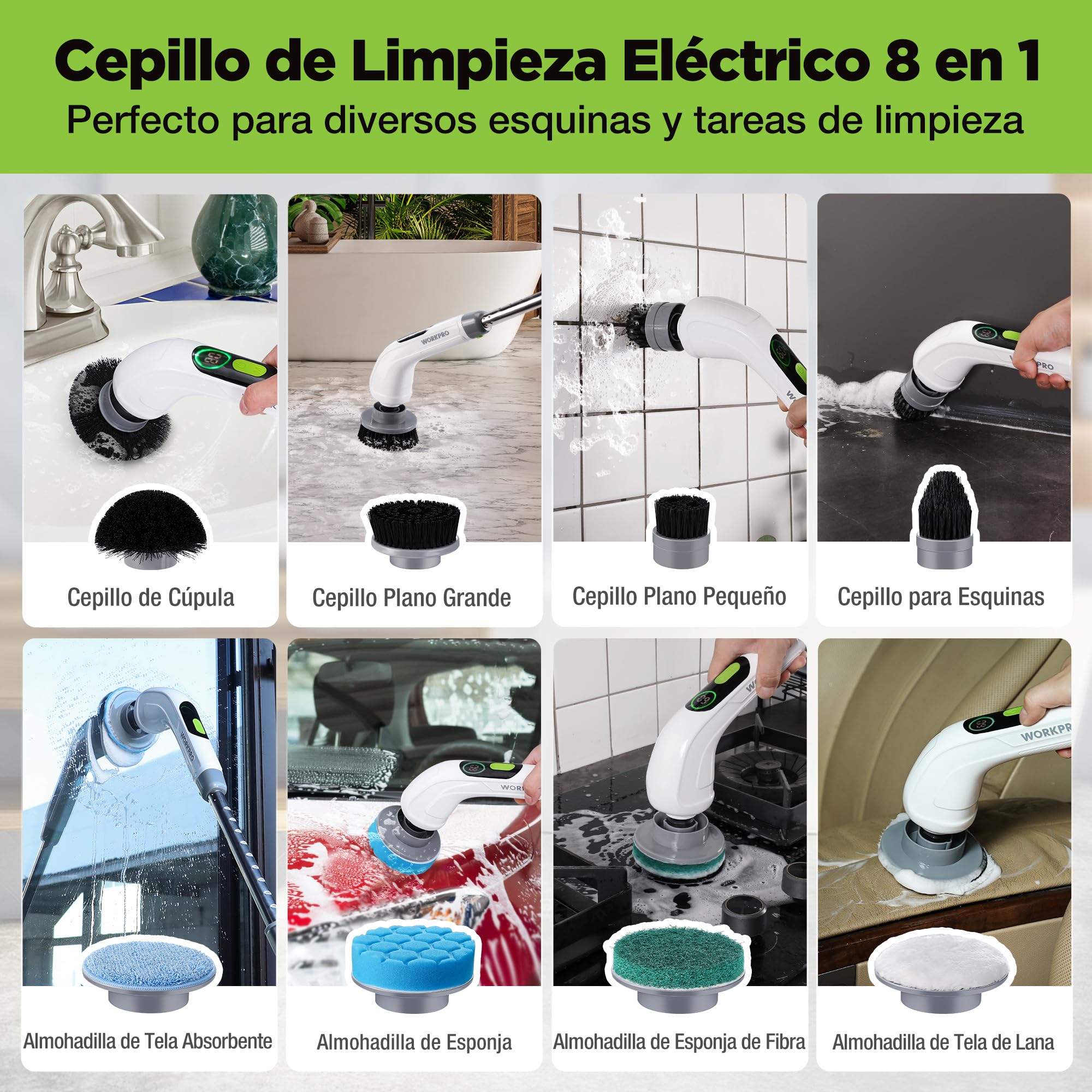 WORKPRO Cepillo Limpieza Eléctrico 8V con 8 Cabezales Mango Telescópico | Mango Ajustable de 30-120cm y Tres Velocidades para Limpiar Suelos, Baños, Cocinas y Zonas de Difícil Acceso
