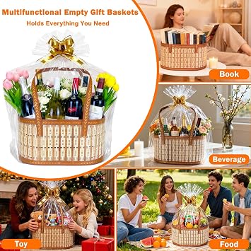 ZUVYRO 3 Set 35×20×15cm Baskets for Gifts Empty, Large Woven Bamboo Gift Basket with Handles - Foldable Gift Baskets for Baby Shower, Christmas, Housewarming & Mother's Day