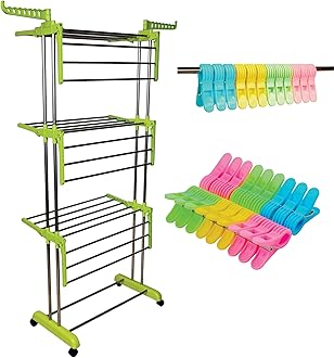 LIVINGBASICS 18 Clips with 3 Layer Clothes Stand for Drying/Cloth Drying Stand/Cloth Stand for Drying Clothes Foldable/Cloth Drying Stand for Balcony/Stainless Steel Dryer Rack (Lime Green)