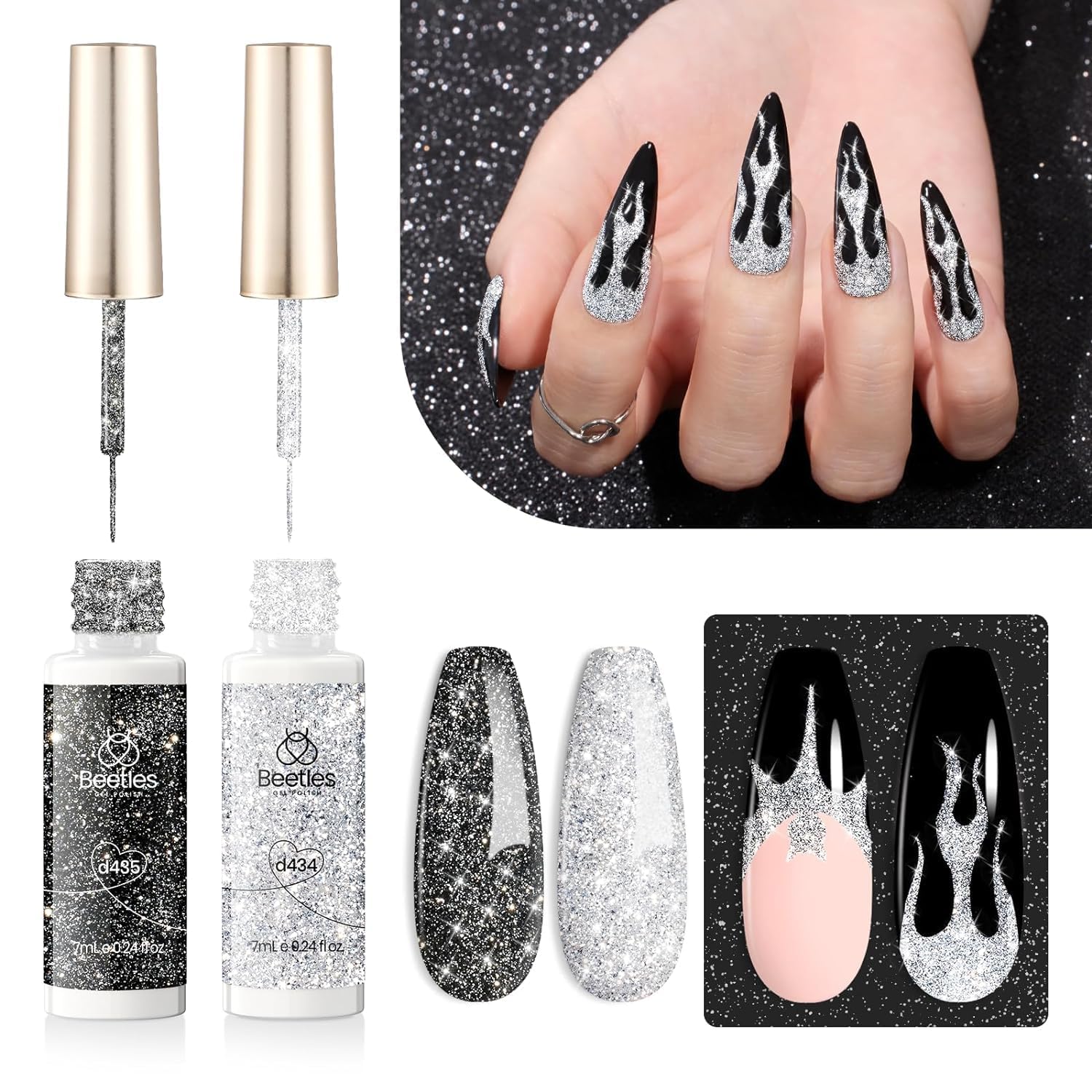 Beetles Reflective Glitter Gel Polish, 2 Pcs Liner Gel Nail Polish Set Black Silver Nail Art Glitter Soak off Uv Lamp Manicure Diamond Shinning Liner