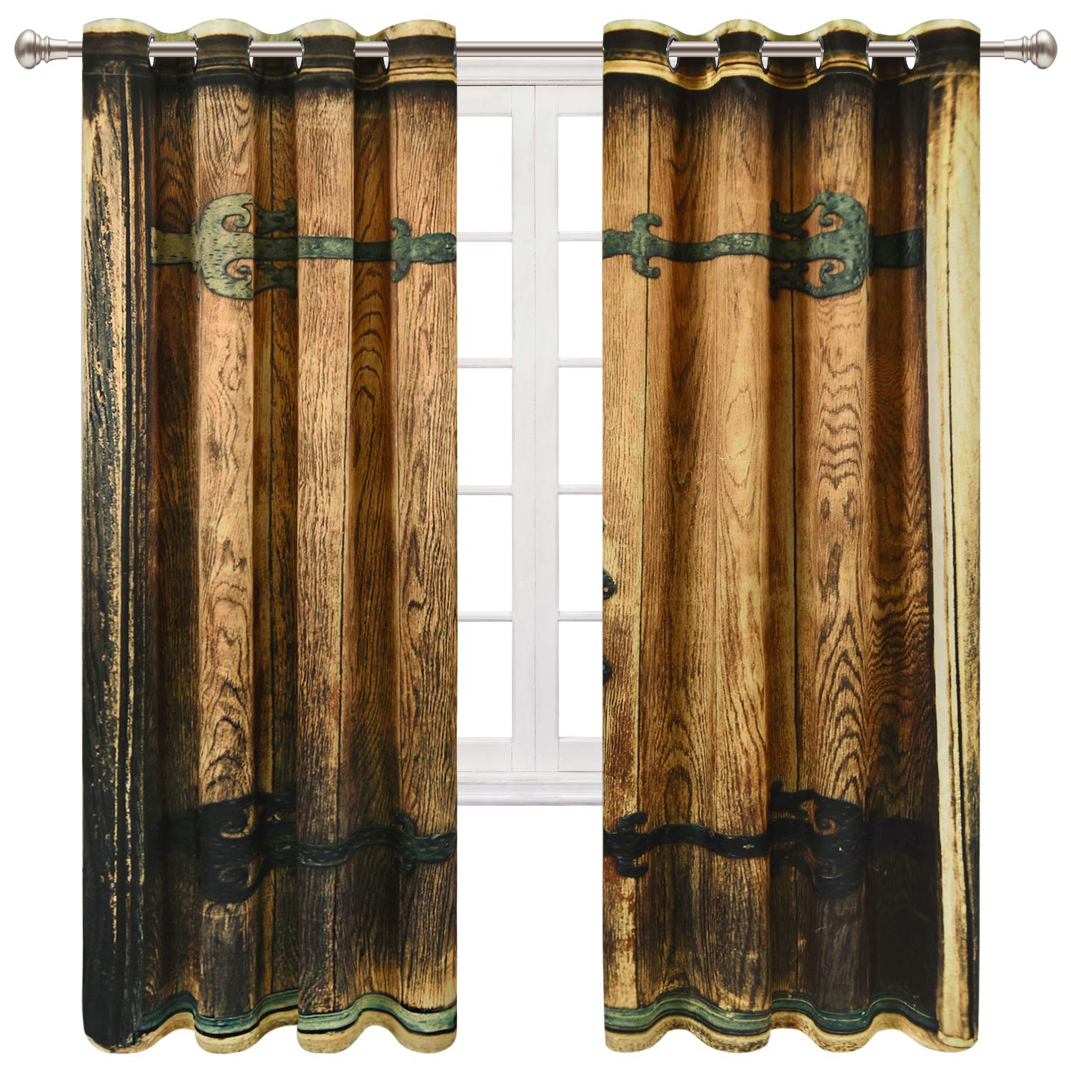 VERTKREA Rustic Wood Window Curtain, Wooden Door Farmhouse Vintage Curtains, Wood Barn Door Grommet Curtain for Living Room Bedroom, Set of 2 Panels, 52 x 63 Inches